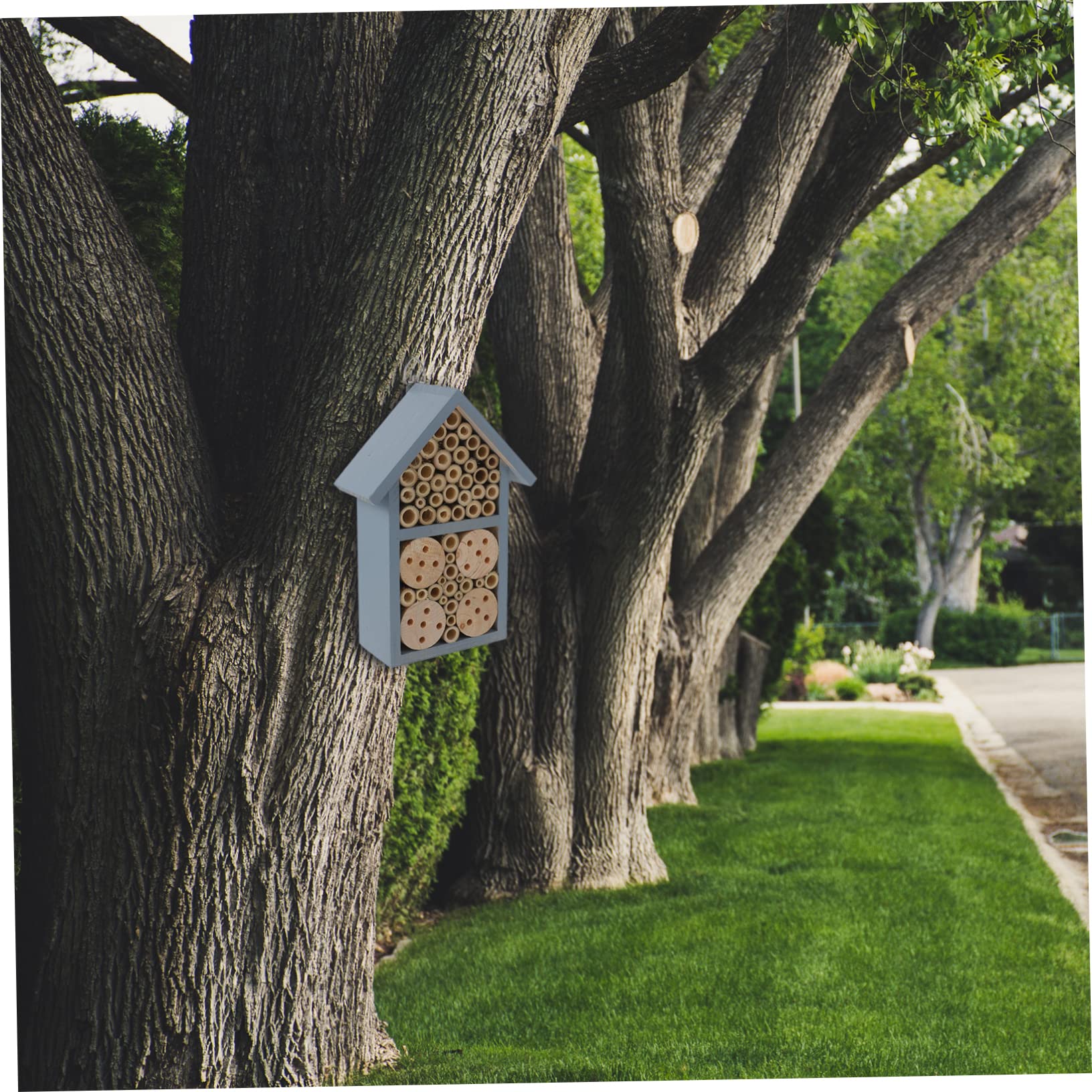 HANABASS Casetta per Insetti in Legno Blu Ganci in Ferro Pronta All'uso, Design Decorativo per Api da Giardino e Giardinaggio Invernale