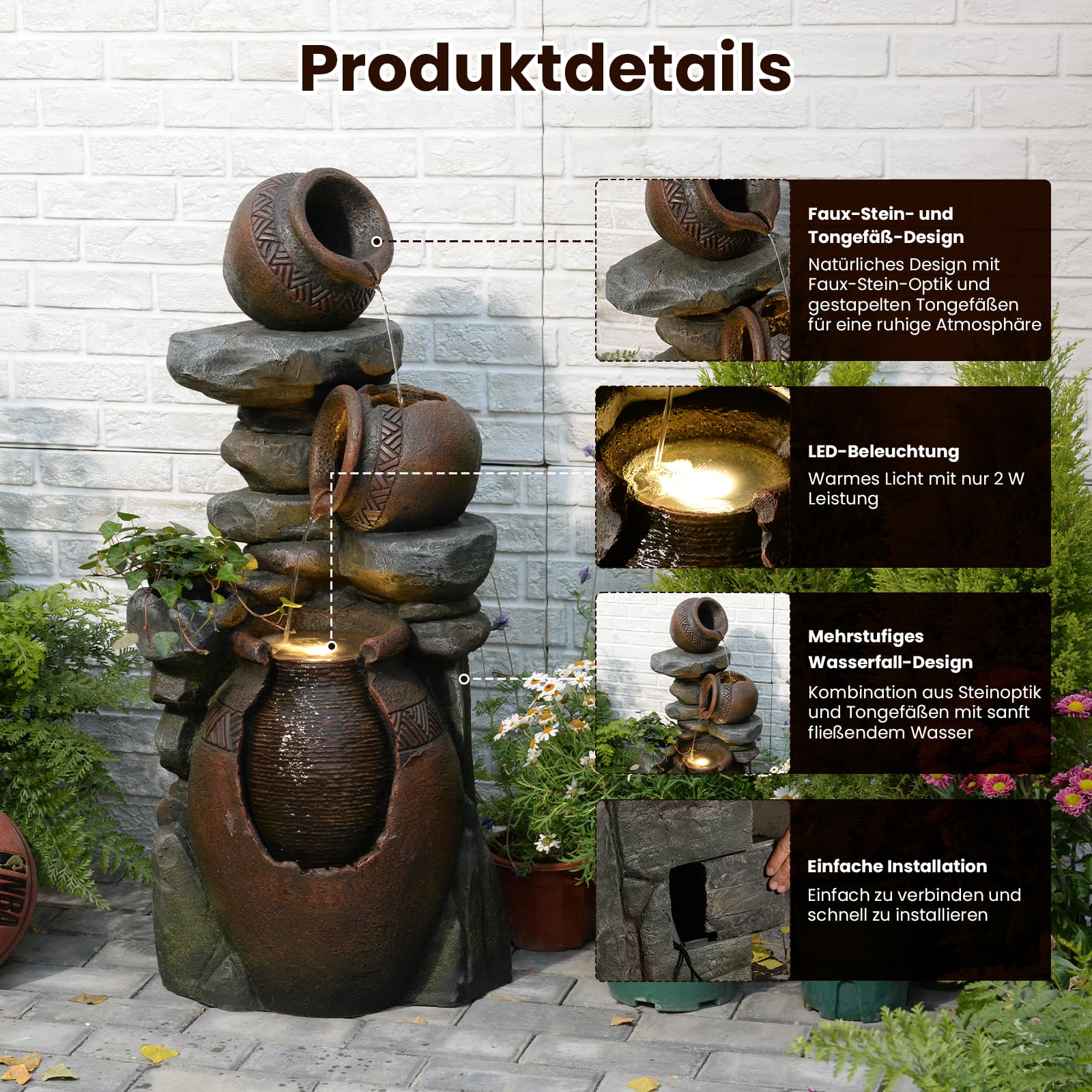 Sunlinua 3-stufiger Gartenbrunnen für Außen in Steinoptik mit gestapelten Tongefäßen – Harz-Wasserfall Garten mit LED-Beleuchtung für Terrasse, Balkon oder Eingangsbereich, 37×34×97,5 cm | Braun