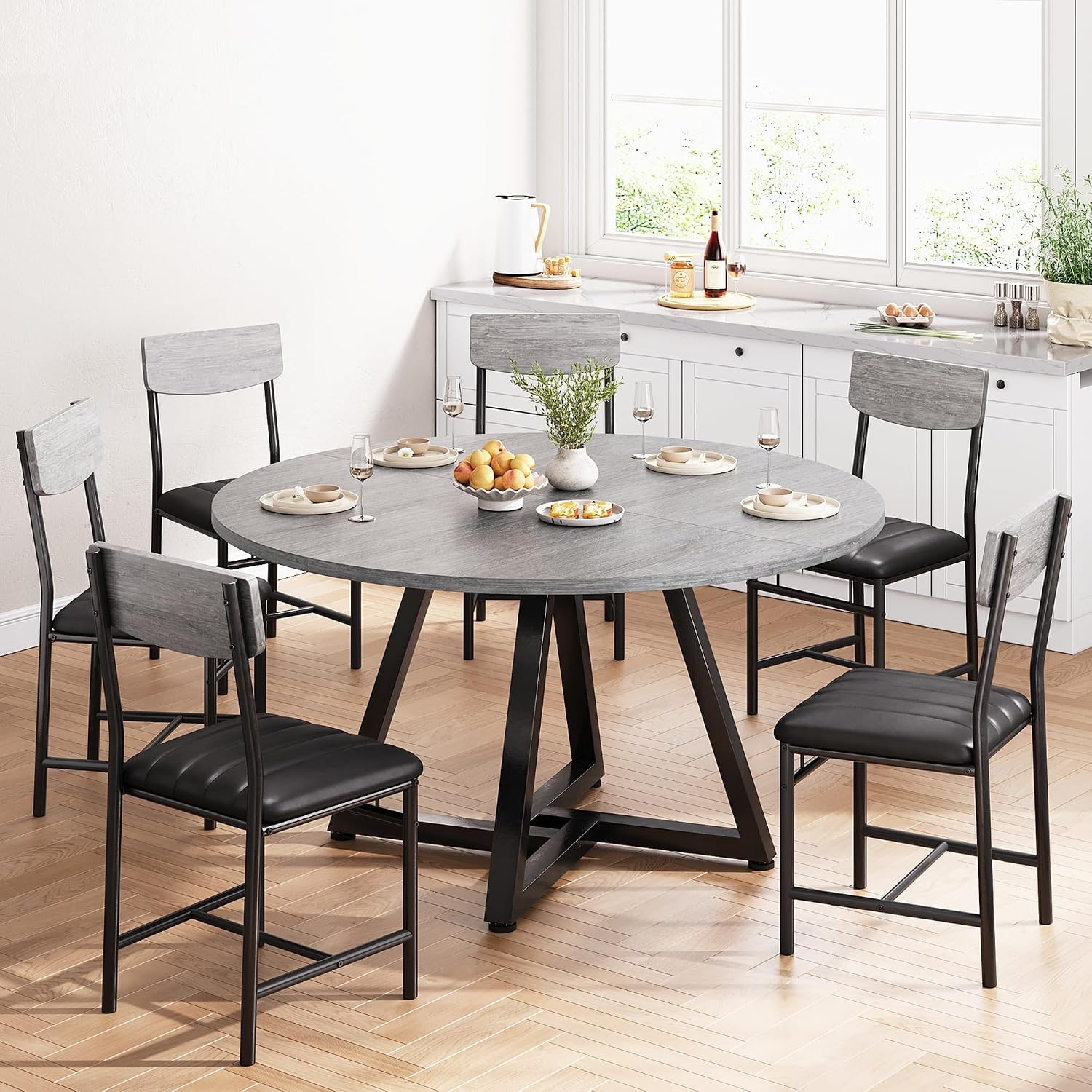Round Dining Table Set for 6, Kitchen Table and Chairs for 6, Circle Table Round Pedestal Dining Room Dinner Dinette Table Set,7 Piece Space Saving Wood Kitchen & Dining Room Tables (Grey, 51In)