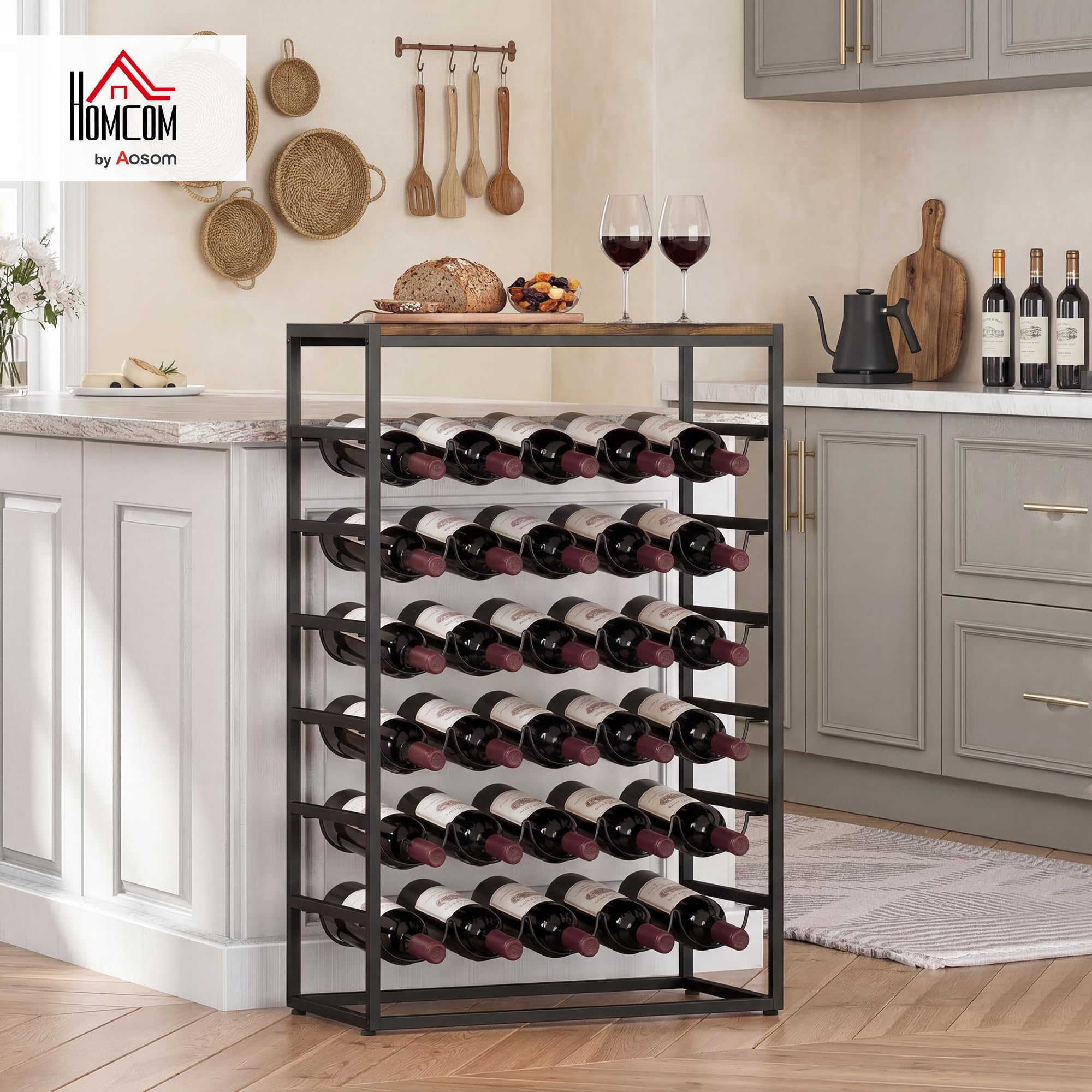 HOMCOM Casier à Bouteilles pour 30 Bouteilles, étagère à vin avec 6 Niveaux avec Plateau Effet Bois, Style Industriel, casier à vin en métal, pour Cave, Bars, sous-sols, 59x30x88,5cm, Brun Rustique