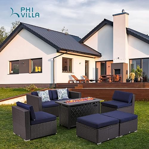 Miniatura 4 de PHI VILLA Mesa para fogata de gas, 45 pulgadas, rectangular, grande, larga, para exteriores, propano 50000 BTU, mesa de fuego con tapa y vidrio azul