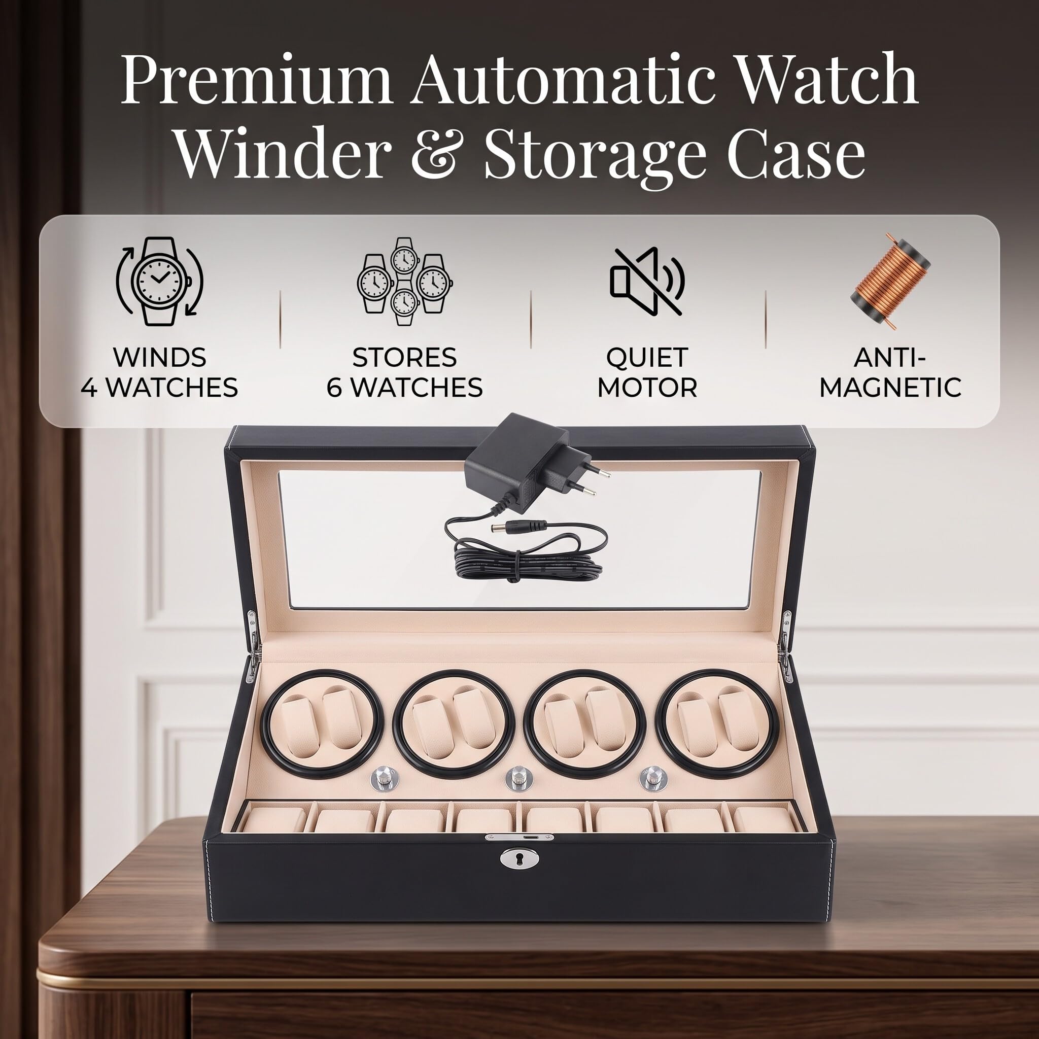 Remontoir Montre Automatique 4 + 6, Rotate Watch Winders Boîte à Bijoux de Rangement en Cuir PU Boîtier de Montre en Cuir avec Moteur Silencieux 31 x 24 x 18 cm