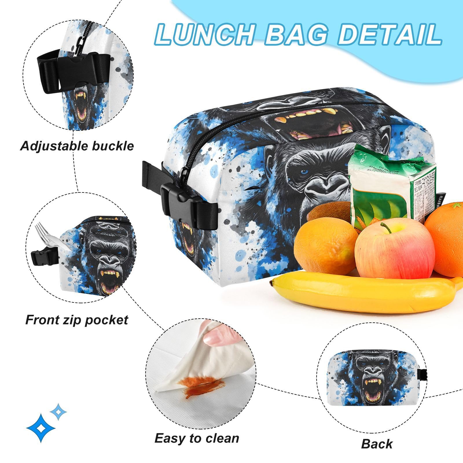 ALAZA King Kong - Set zaino e borsa per il pranzo con viso blu, per ragazze e ragazzi, borsa per la scuola, librerie, zaino elementare, zaino casual