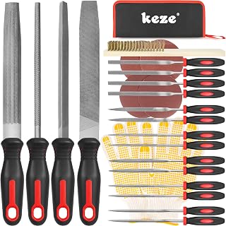 Keze 25-Piece T12 Carbon Steel File Set: Flat, Half-Round, Round, Triangle Files + 14 Needle Files, Sandpaper, Brush & Gloves for Woodworking