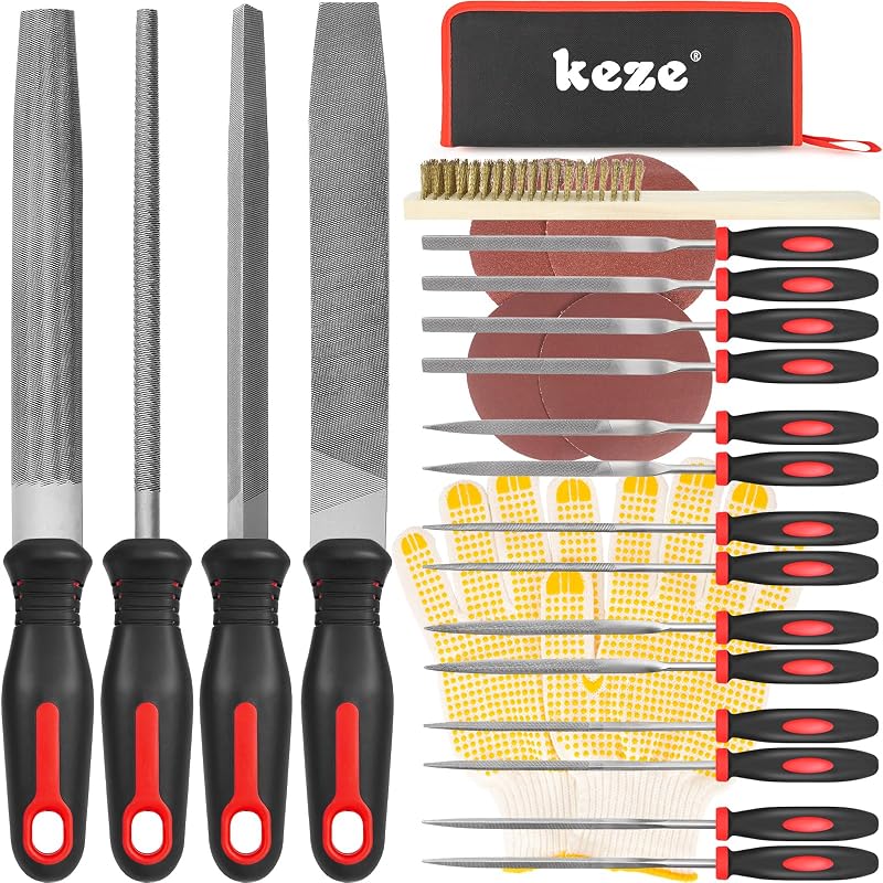 Keze 25 Pcs Metal File Set,Premium T12 Carbon Steel Flat/Half-Round/Round/Triangle Large Files,14 Pcs Needle Files with Case,4 Pcs Sandpaper,Brush,and A Pair of Gloves,for Woodworking