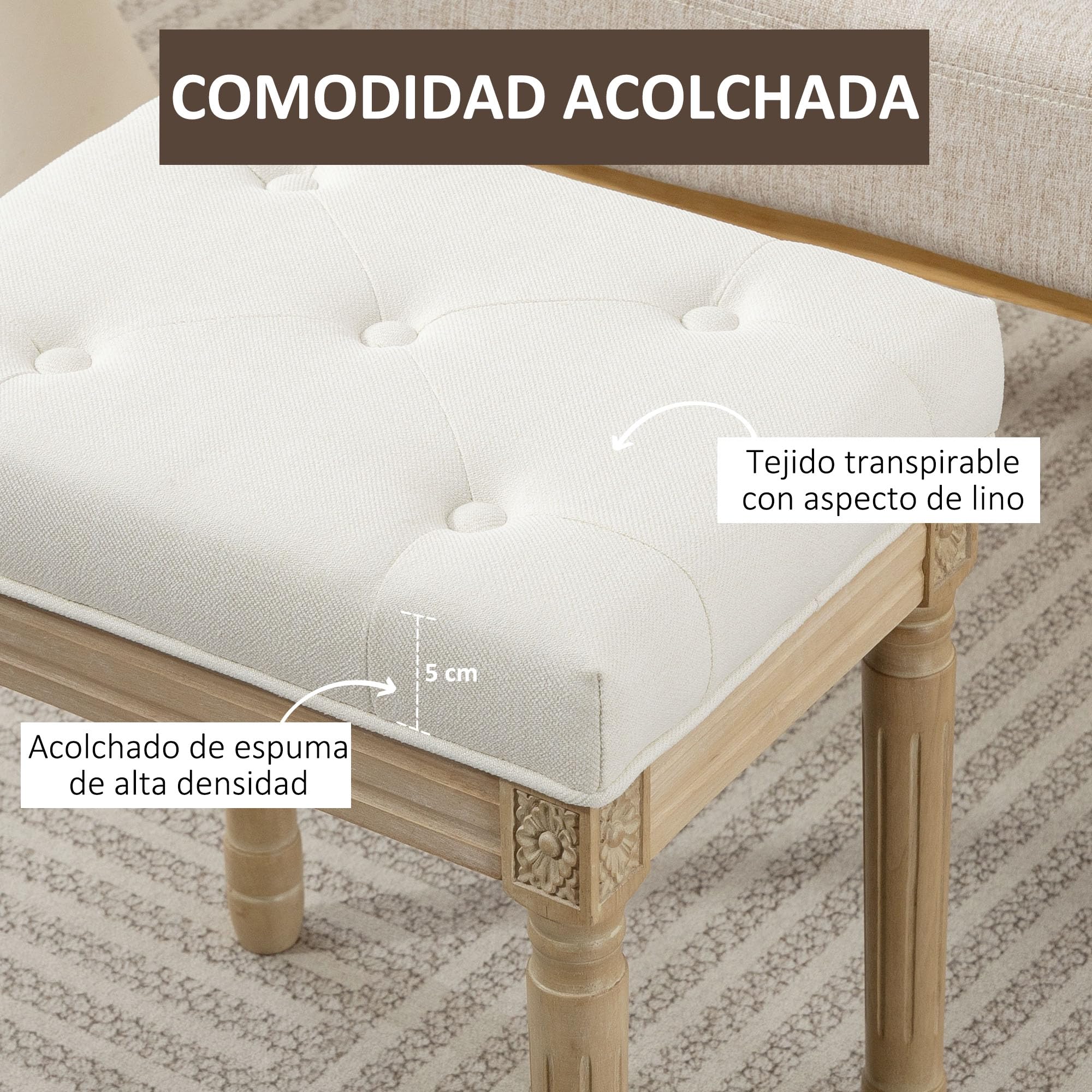 HOMCOM Reposapiés Salón Rústico Tapizado para Dormitorio Sofá Beige | Taburete Bajo, Lino Sintético, Patas Talladas de Madera, Otomana