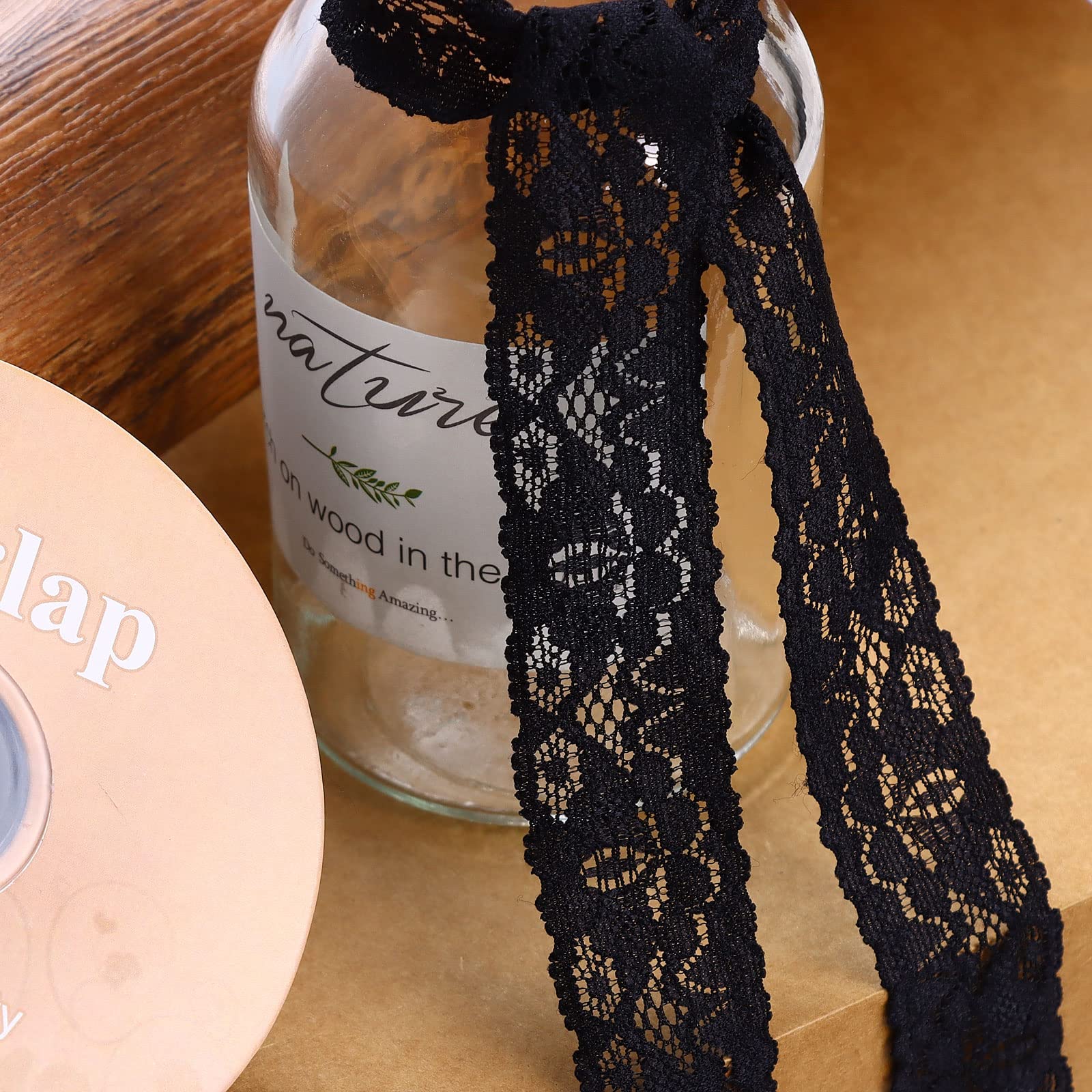 JUCOXO Cinta de encaje negra de 1 pulgada de ancho x 25 yardas, ribete de encaje elástico con patrón floral para decoración de bodas y manualidades