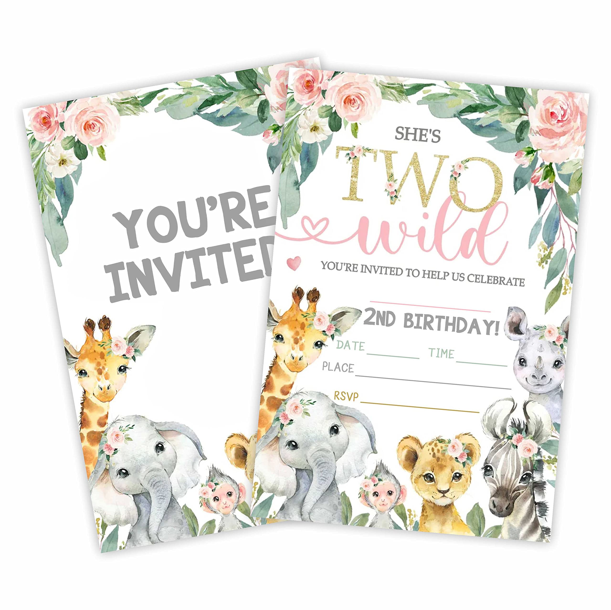 Two Wild Birthday Party Invitation, 2Nd Jungle Animals Invite Cards（20 Count) With Envelopes, Floral Fill In Style Invite Cards For Boys, Girls, Kids,