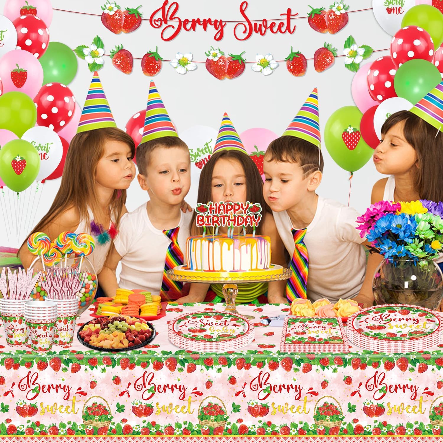 123PCS Strawberry Party Decorations Strawberry Theme Birthday Party Supply Berry Sweet Baby Shower Decorations Fruit Themed Decor Berry First Birthday Tableware Set - Plates Tablecloth Cups Serves 20 - Image 2