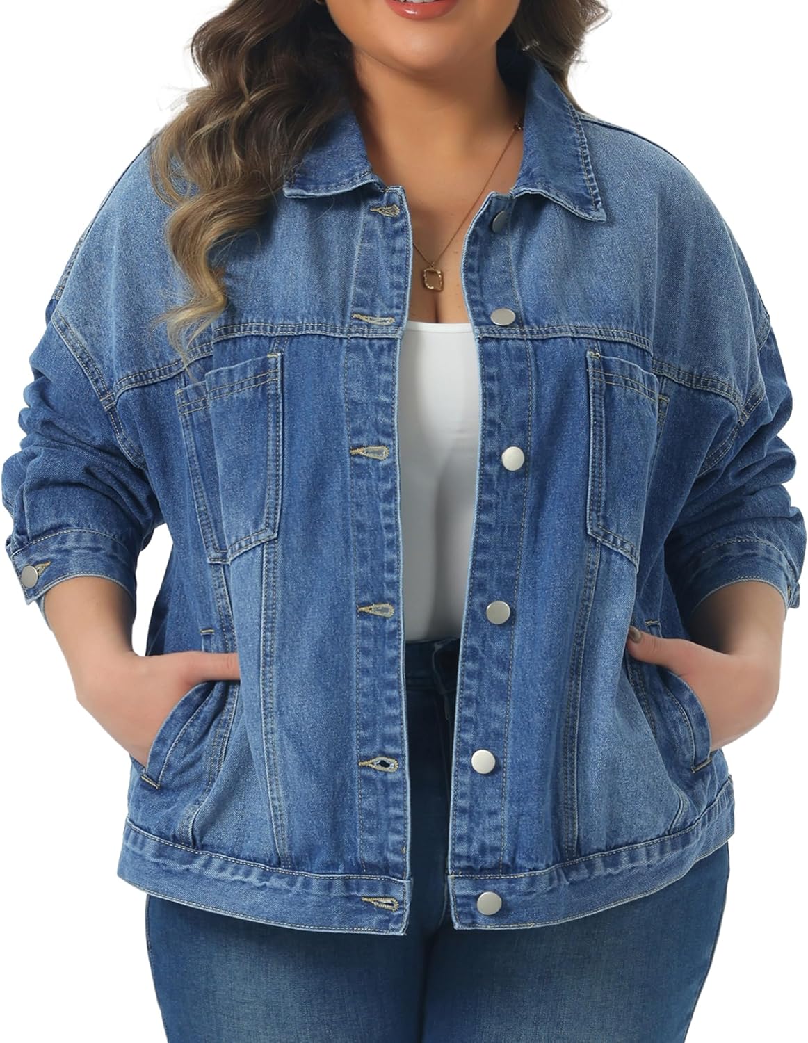 Agnes Orinda Plus Size Denim Jacket for Women Long Sleeve Button Washed Vintage Western Outfit Jean Jackets