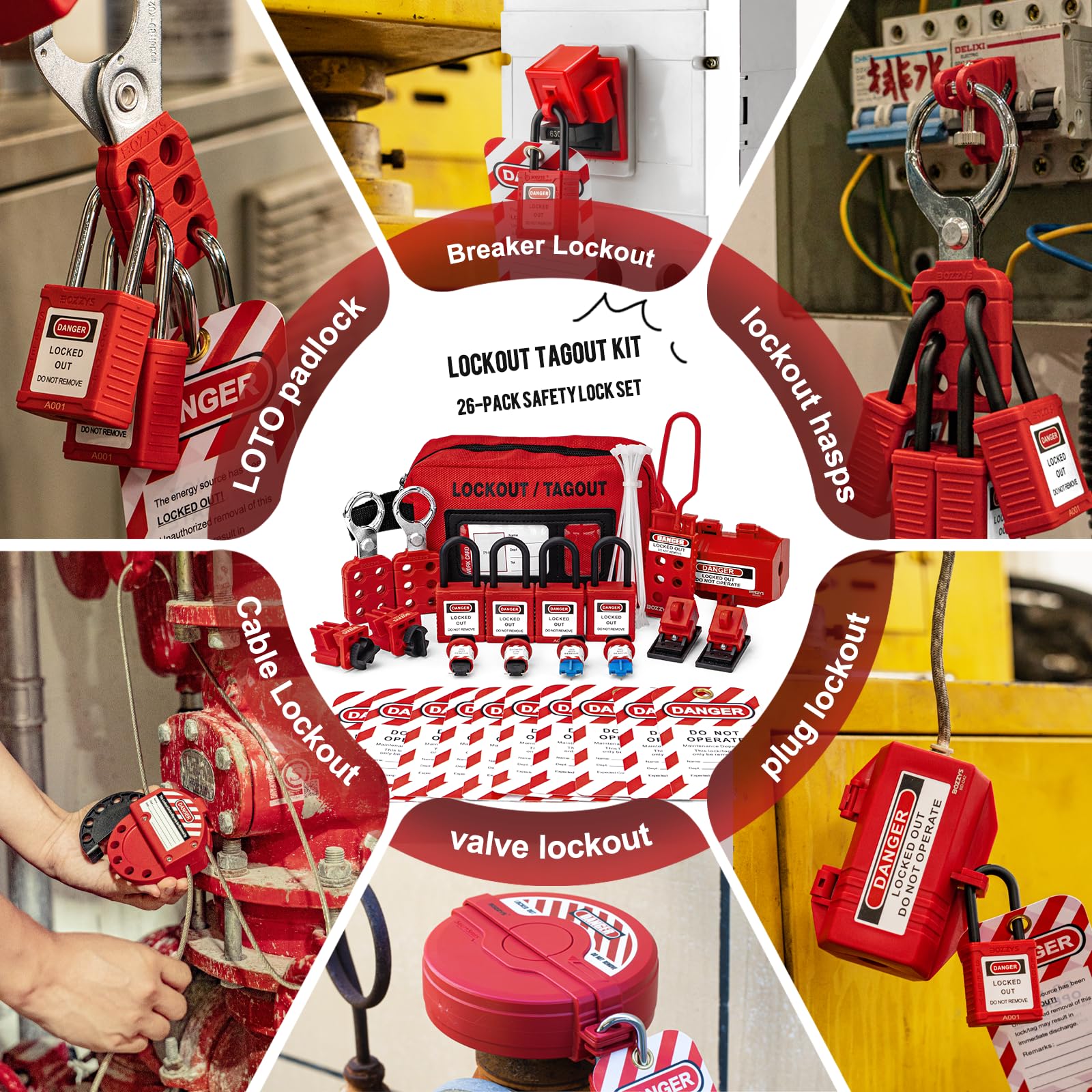 Lockout-Tagout-Set, Loto Schlösser für Unterbrecher, Aussperr-Tagout-Kits, elektrisch, OSHA-konform (BD-ZTI KIT3-27er-Pack)