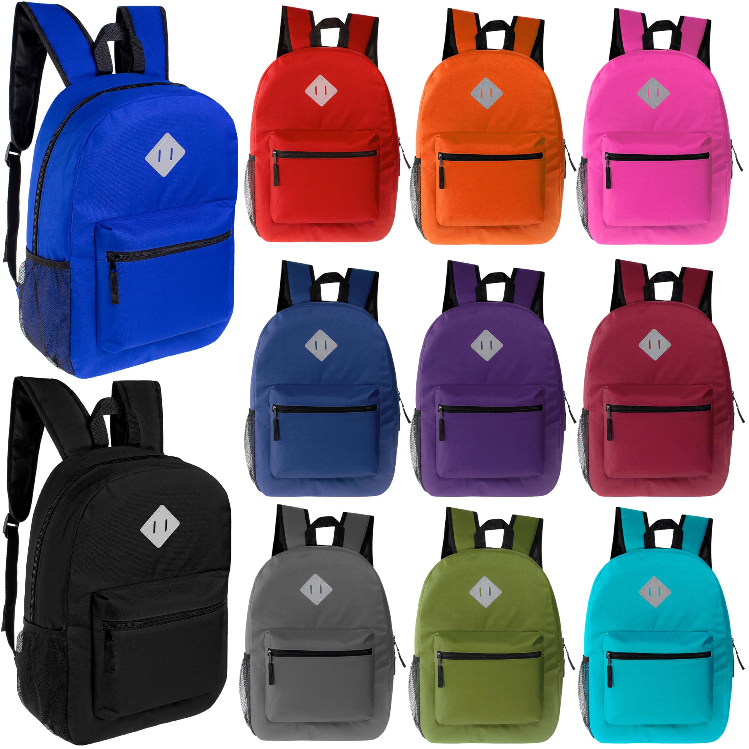 24-Pack 17" Classic Patch Backpacks for Kids, 11 Assorted Colors - Bookbags in Bulk for Elementary, Middle, and High School Students