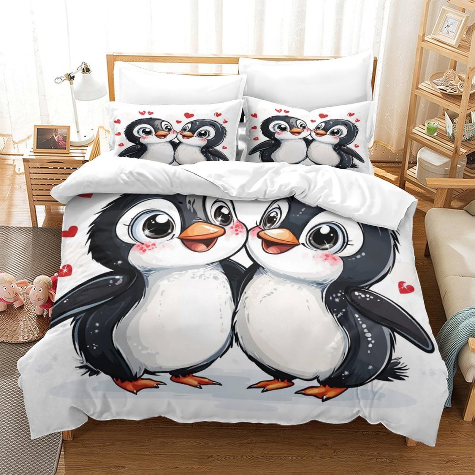 Niedliches Pärchen 3D Druck Bettbezug Mikrofaser Weiches Schlafzimmer Cartoon Pinguin Bettwäsche Set für Erwachsene Dekor Super King（260x220cm）