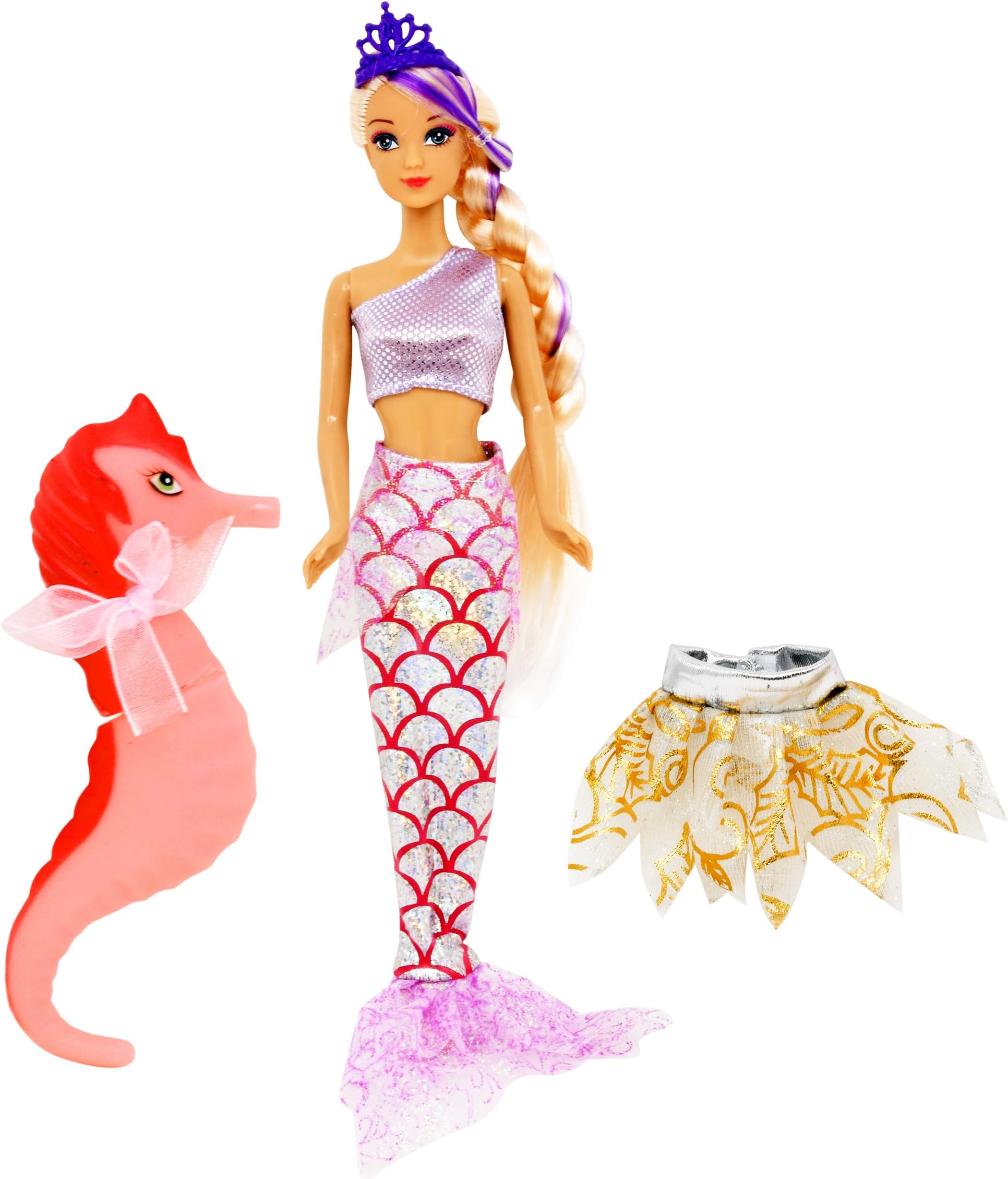 Mermaid Doll, Mermaid Fairy Princess Fashion Doll with Hair, Seahorse Toy and Crown