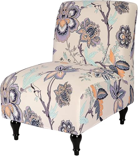 Funda para silla sin brazos, elástica de elastano a cuadros pequeños, antideslizante para sofá, protector de muebles (flor beige, 1)