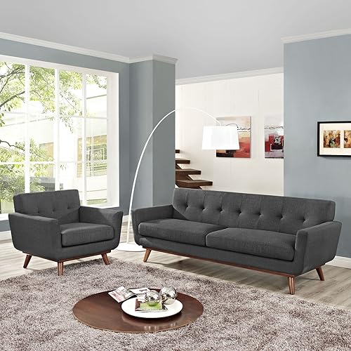 Miniatura 6 de Modway Engage - Sillón de una pieza tapizado con tela y sofá de dos piezas de estilo de mediados de siglo, Tela, Gris
