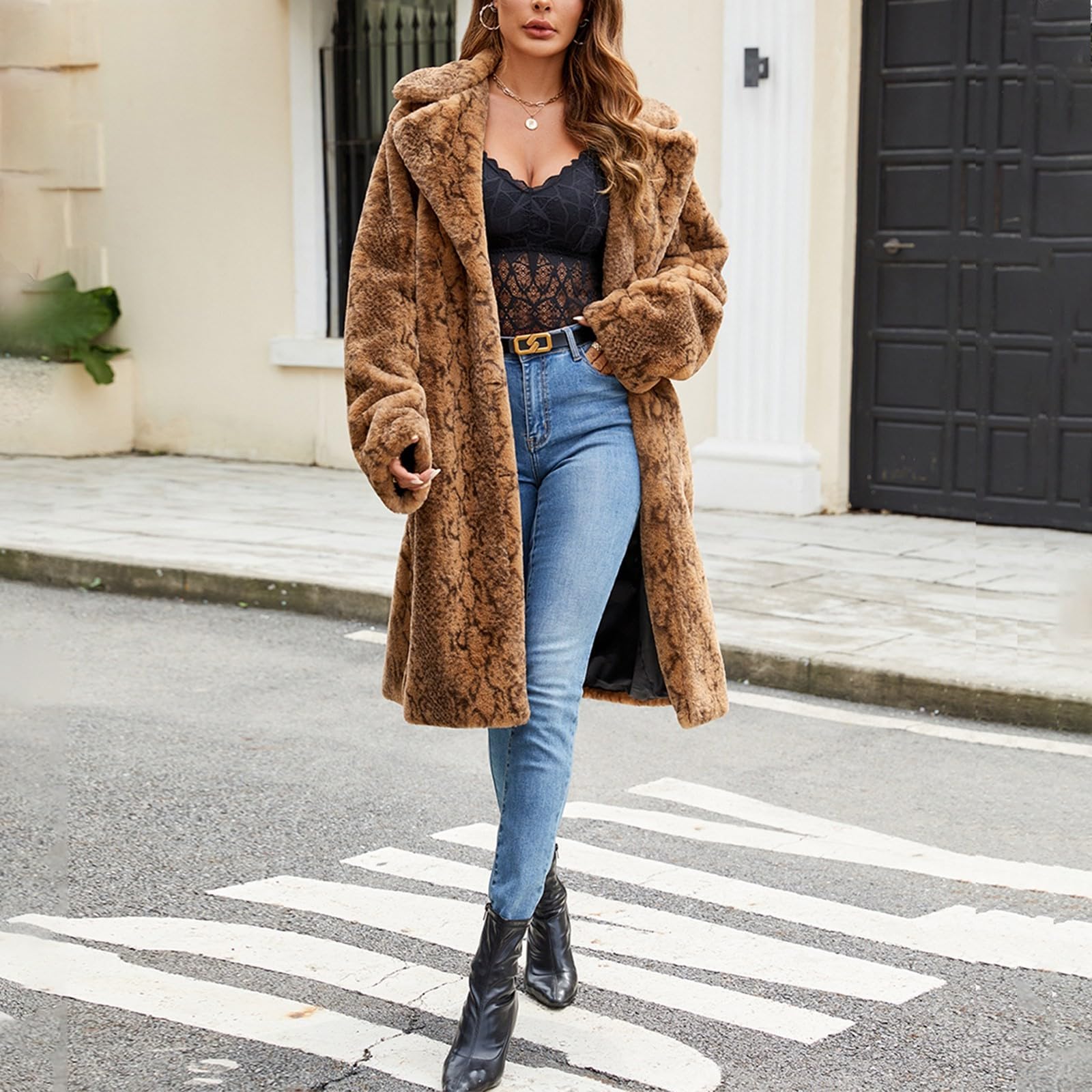 Generisch Giacca invernale da donna, cappotto caldo, lungo, elegante, trench risvolti, spesso cappotto invernale, soffice giacca termica in pile, giacca di peluche aperta, per le mezze stagioni