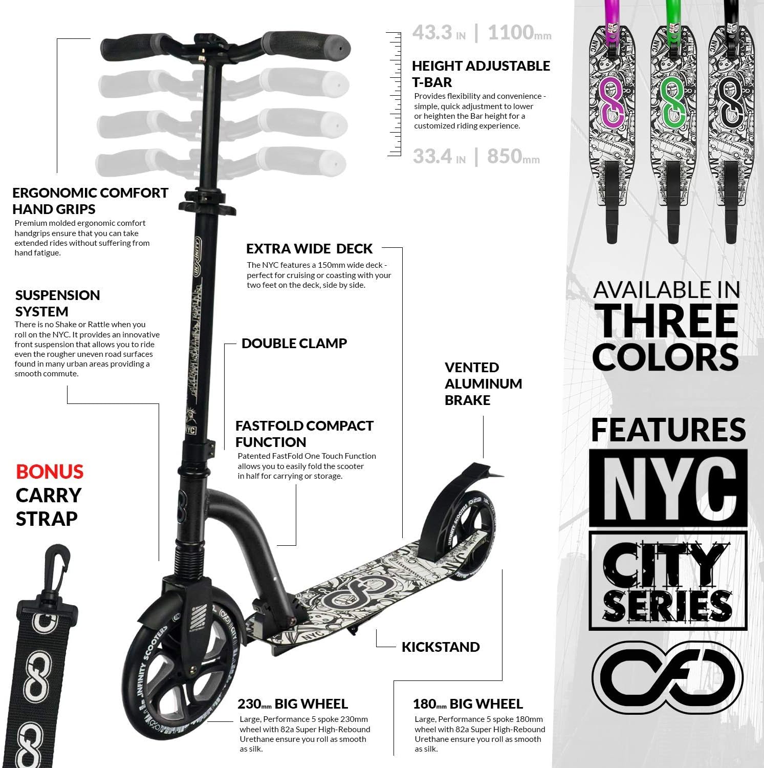 Crazy Skates Foldable Kick Scooter - kick Scooters for Adults, Teens and Kids with Carrying Strap - Fast Folding, Adjustable Handlebars and Lightweight - New York City Scooter (NYC) - Black