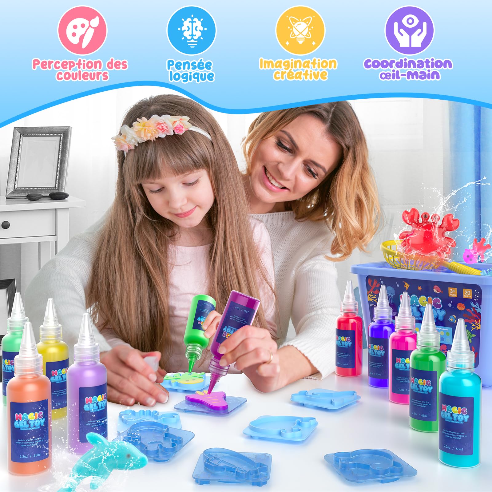 Hot Bee 20 Couleurs Kit de Jouet Elfe Magique - Kit de Gel d'Eau Aqua Fairy avec 8 Moules Double Face, 10 Gels Pailletés, DIY Aqua Fairy, pour Enfants Filles Ages 5 6 7 8