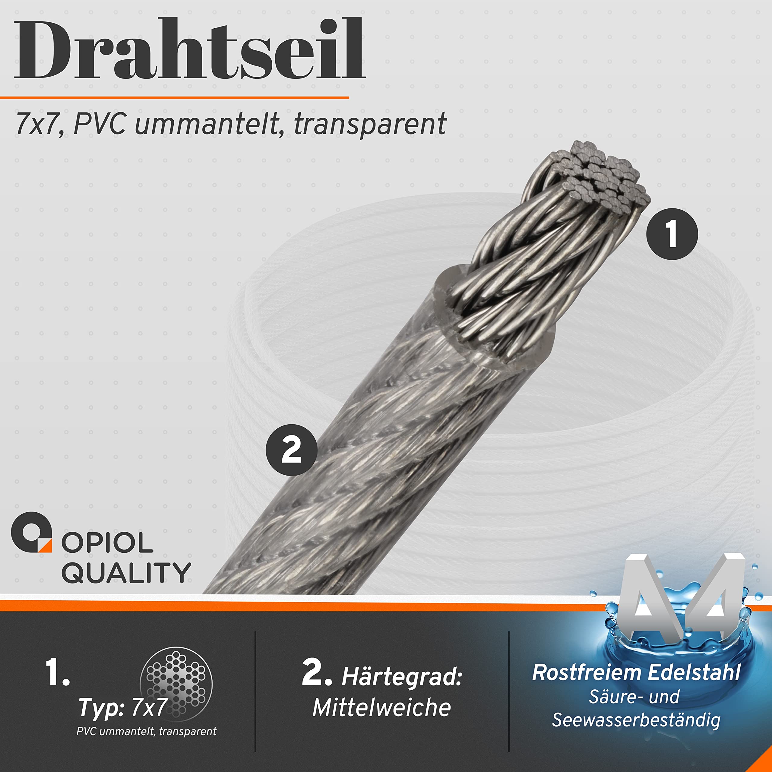 4/5 mm Drahtseil 7X7, PVC ummantelt, transparent, Edelstahl A4 (30 Meter) Stahlseil Zubehör Draht Edelstahldrahtseil Geländerseil Hängender Drahtspule
