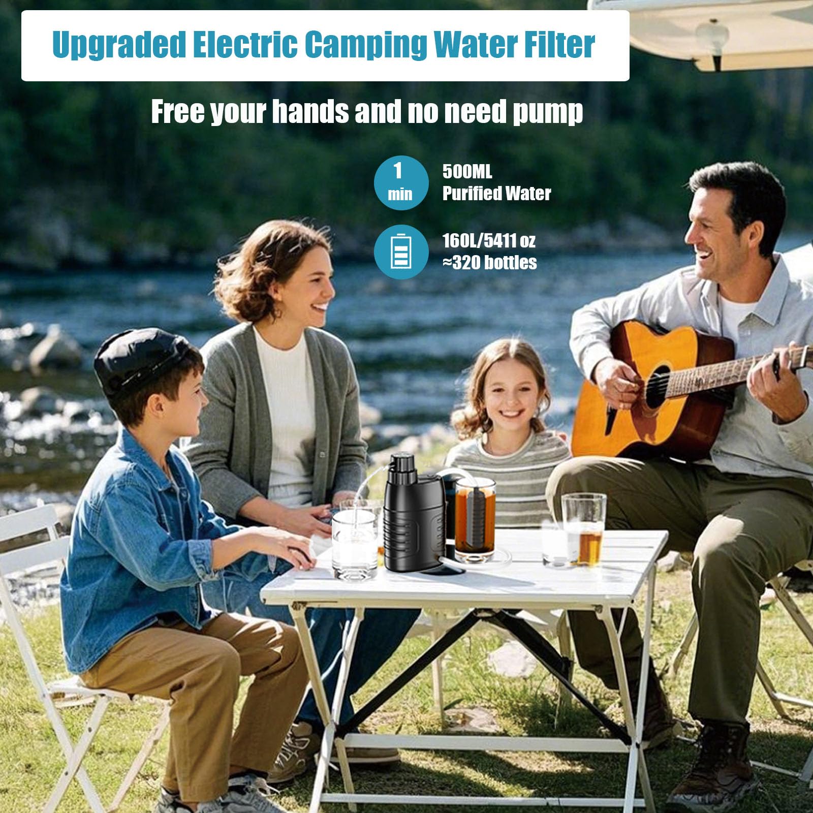 Filtre à eau portable, système de purificateur électrique extérieur 0,01 micron 6 étapes Purificateur d'eau équipement de survie pour camping, randonnée, voyage