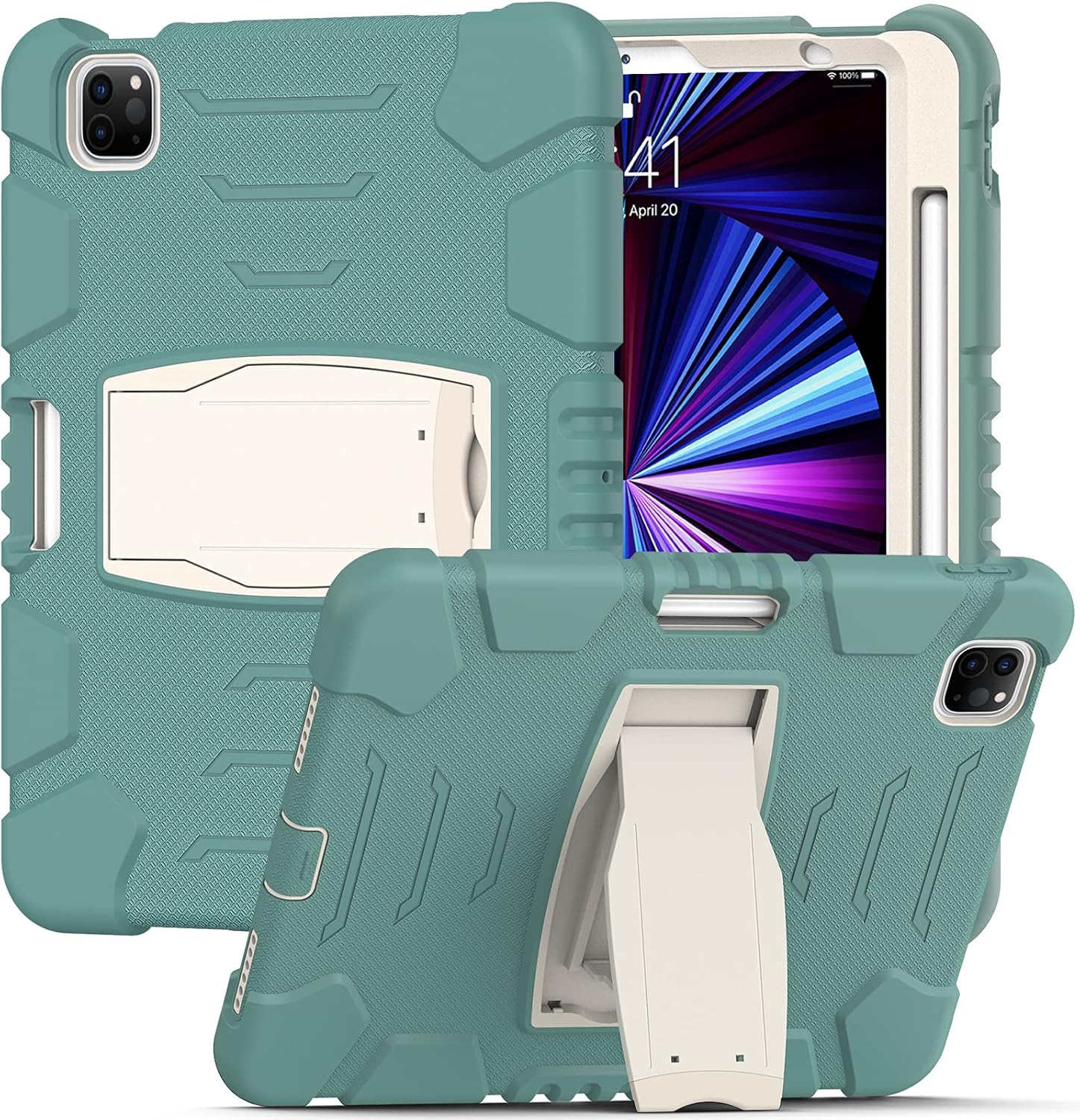 Shockproof Case for iPad Pro 11 inch 2021 (3rd Generation) Kids Case, Heavy Duty TPU Hybrid Full-Body Tablet Case with Kickstand,Navy Blue+Green