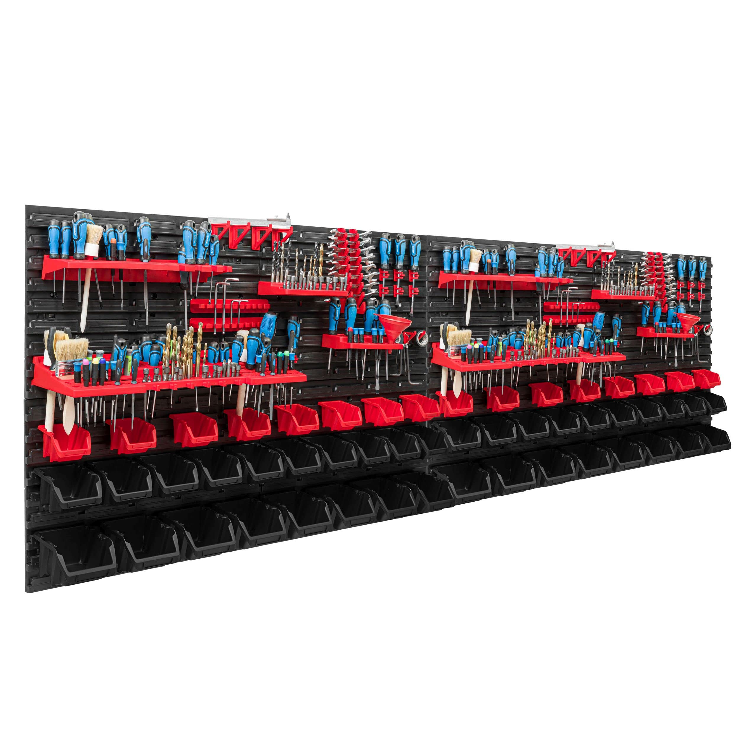 Système de rangement étagère d'atelier | 230 x 78 cm | Boîte de 52 pièces | Étagère murale avec supports à outils et boîtes empilables - Plaques murales extra solides - Étagère murale perforée -