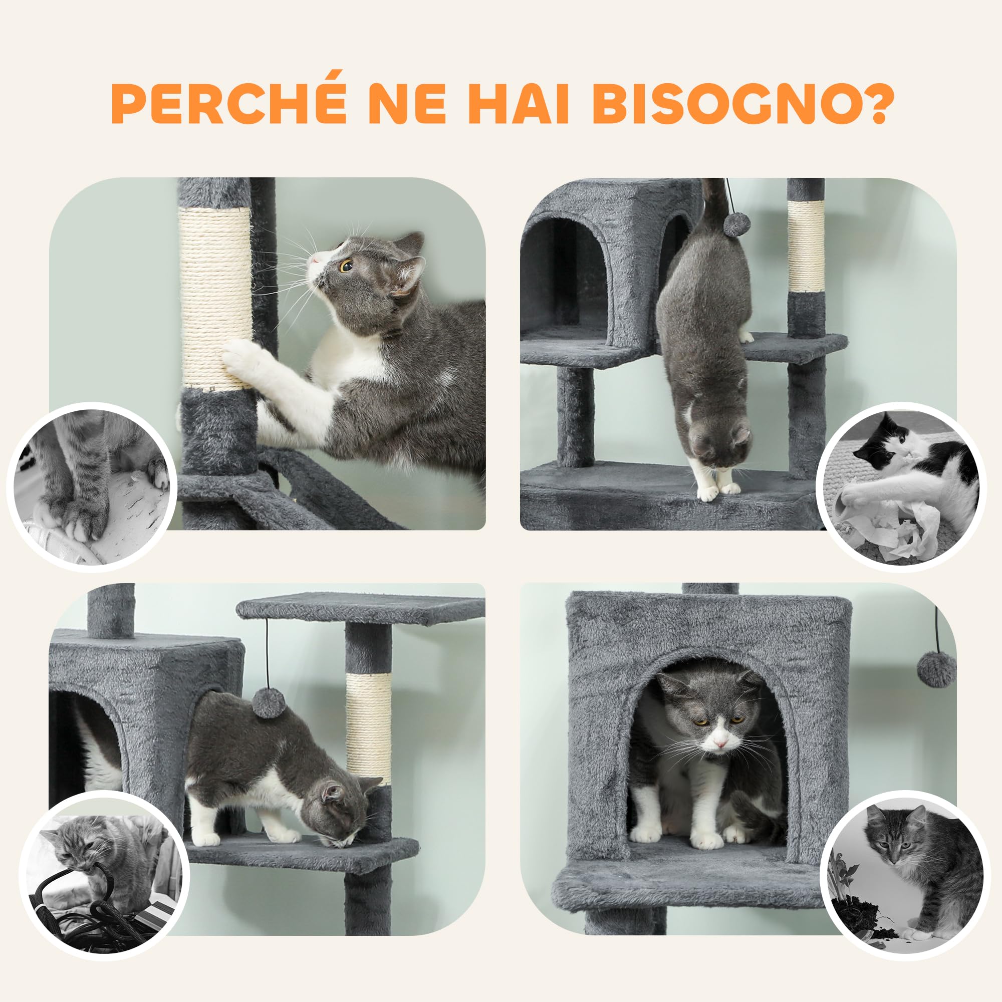 PawHut Tiragraffi per Gatti Alto 202 cm con 6 Pali Graffiatoi Grigio Scuro | Albero per Gatti, 2 Grotte, 2 Cucce, Amaca, 3 Pompon, Piattaforma e Corda, Torre per Gattini, Peluche, Per Gatti Adulti