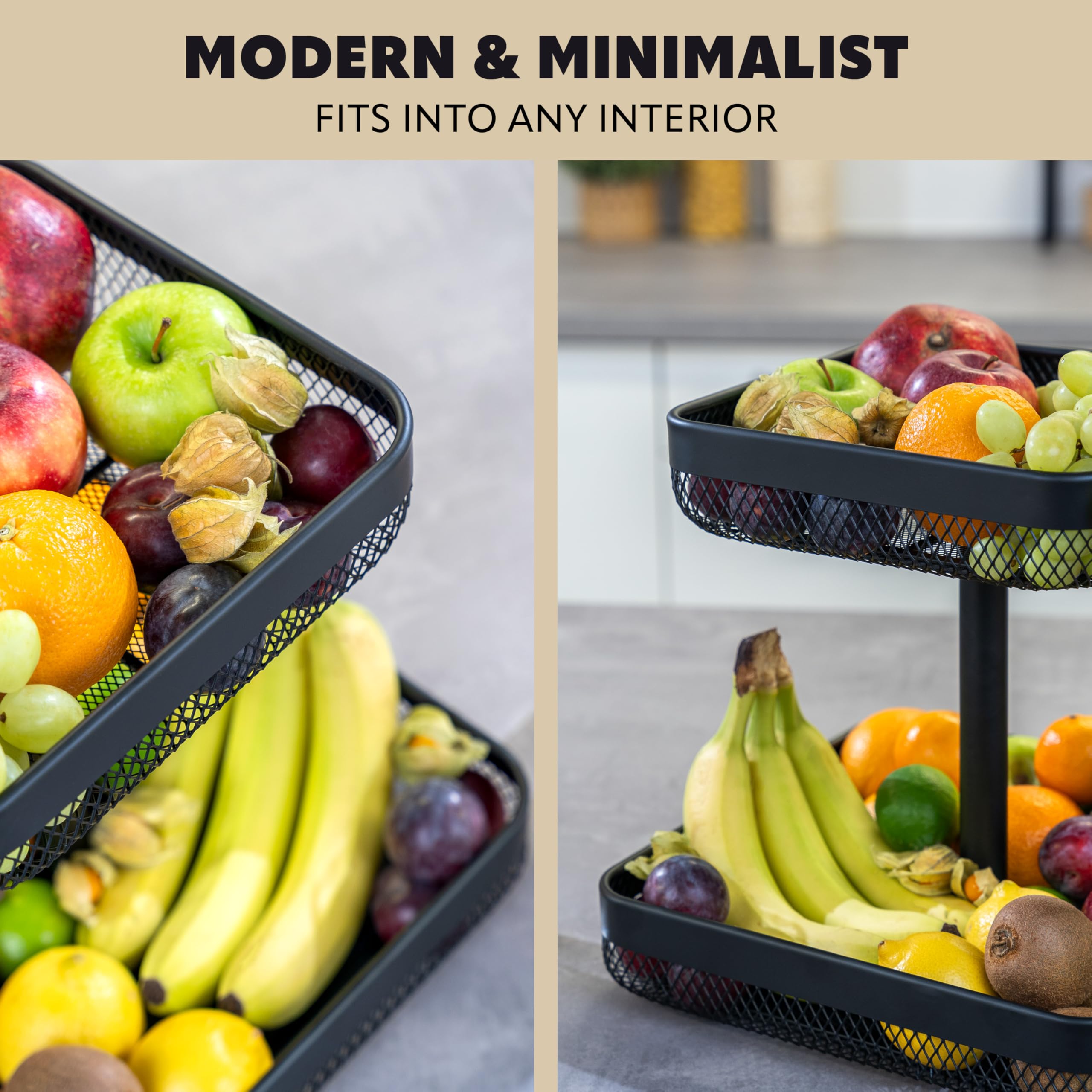 eluno Porta frutta a 2 ripiani/cestino per il pane, Alzata, Ciotola per frutta, in metallo nero, molto spazio per riporre frutta, verdura, pane e snack in cucina e soggiorno