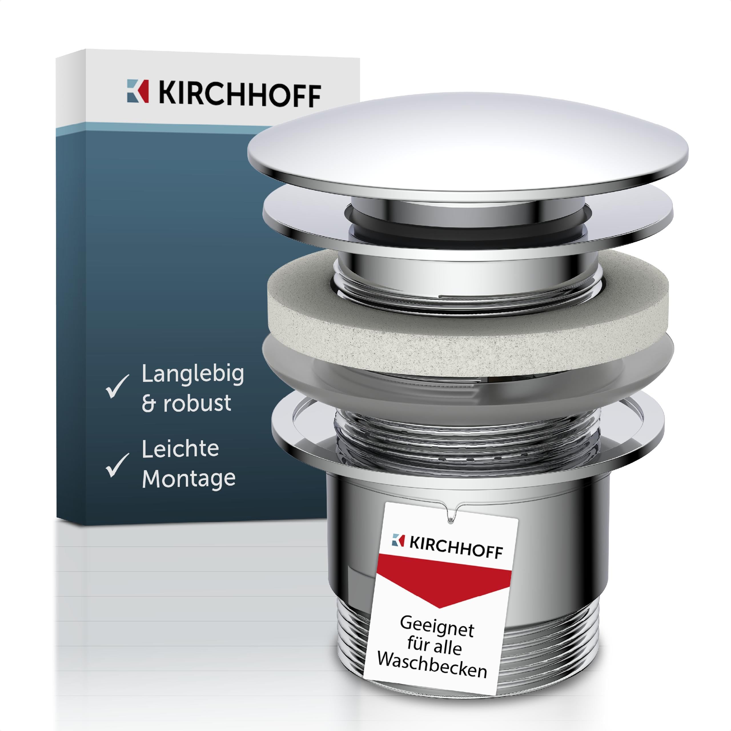 KIRCHHOFF Design Universal Waschbecken Ablaufgarnitur, Pop Up Waschbeckenstöpsel, Ablaufventil mit Überlauf, Abfluss Stöpsel für Badezimmer Waschbecken & Waschtisch, Chrom 98807330