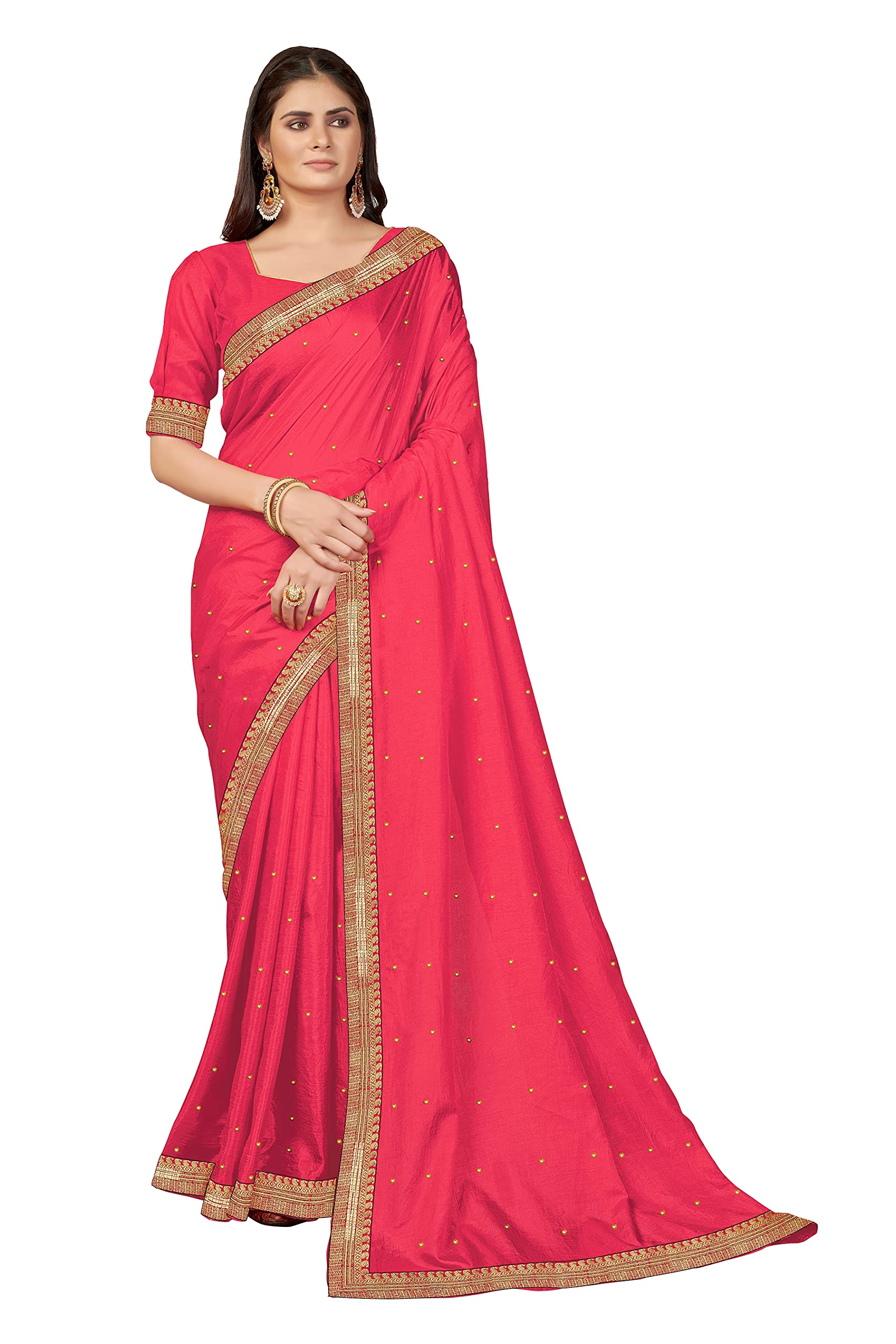 SUTRAMWomen's Most Trendy Collection Heavy Stone Work In al over saree Vichitra Silk 5.5 Meter Saree with Plain 0.8 Meter unstitch Running Blouse Piece