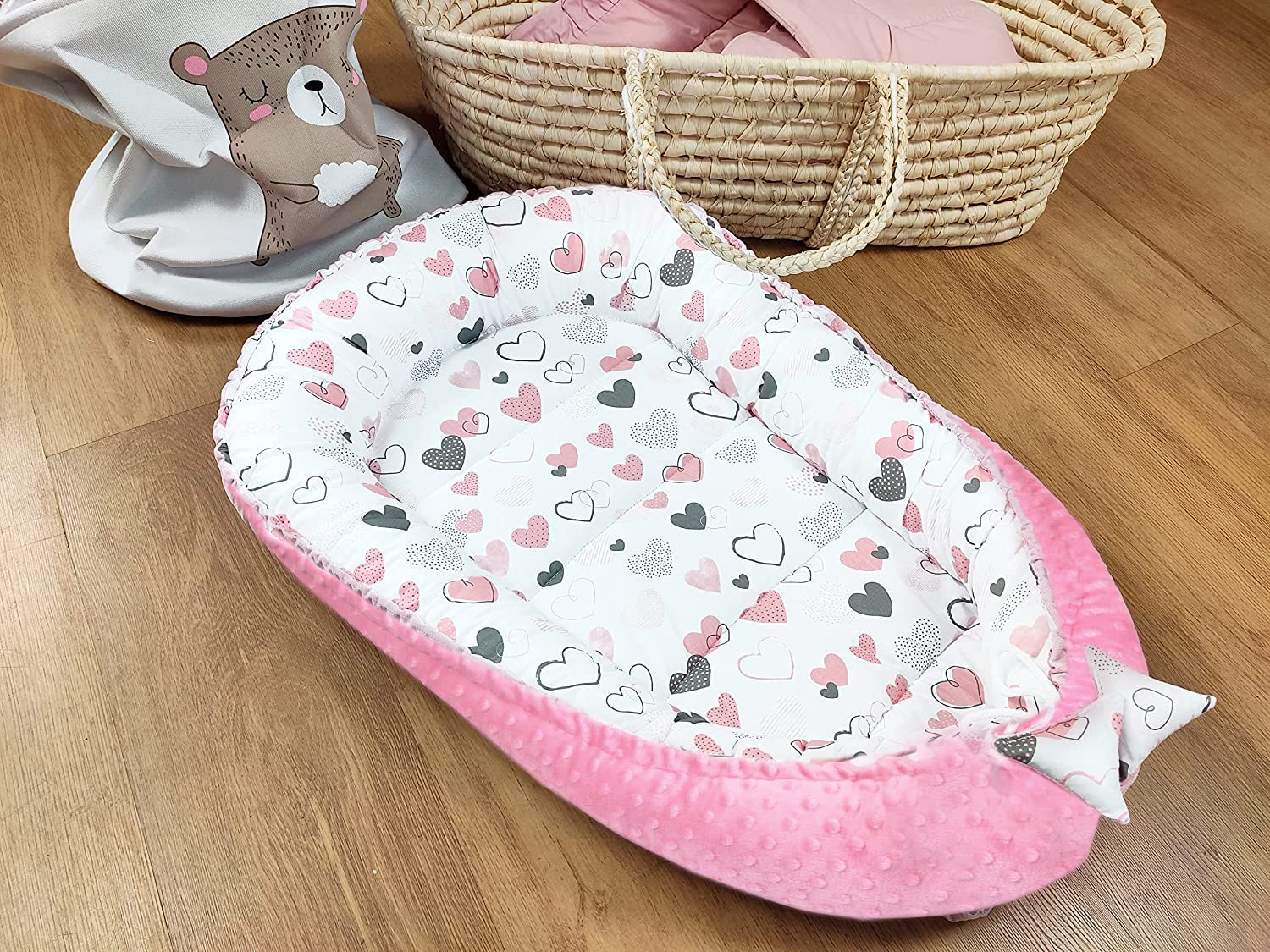 PIMKO Riduttore lettino Nido per Neonato Culla Nido per Neonato 90x60x12cm Baby Nest - cuori rosa