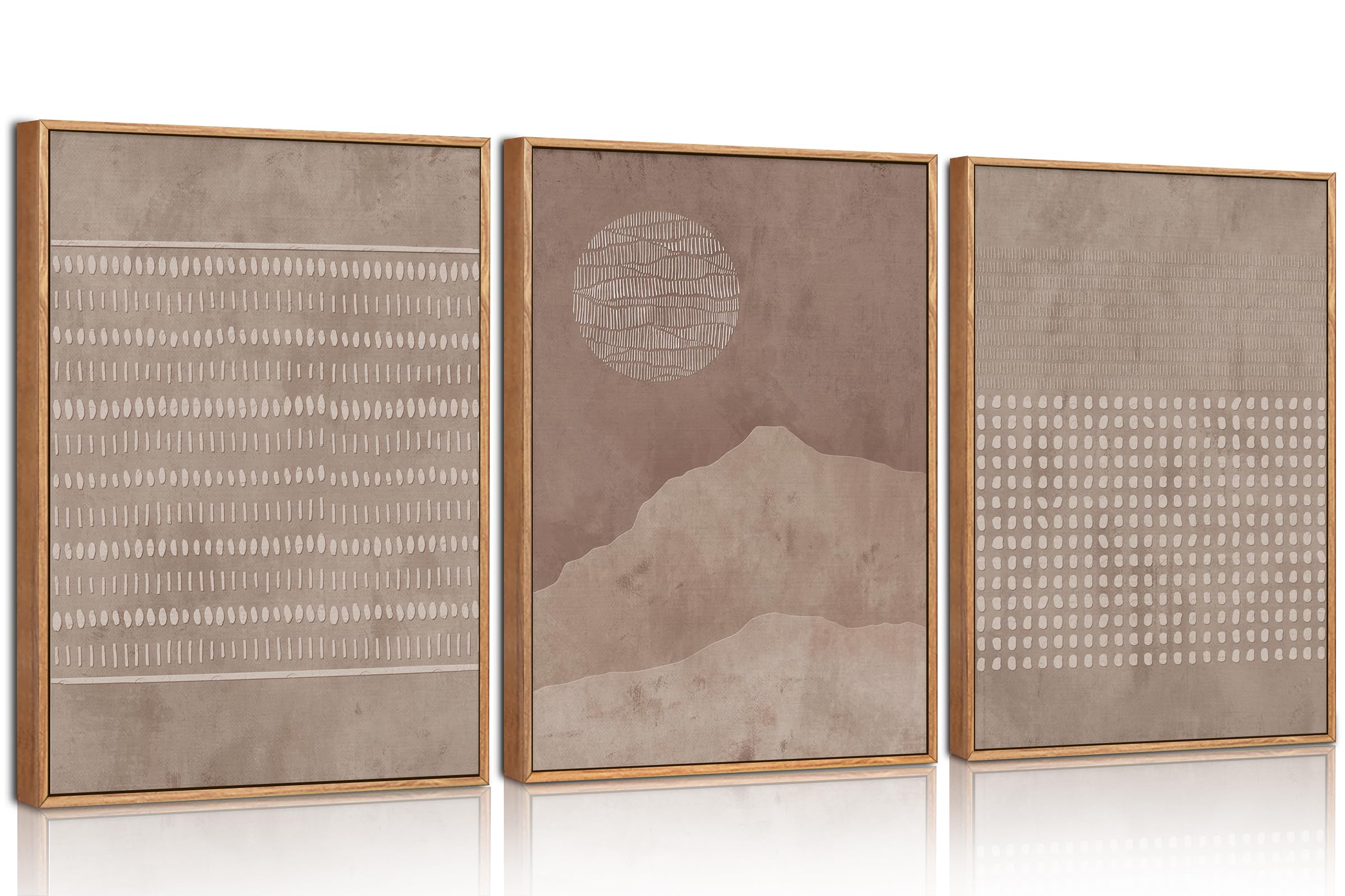 HPNIUB Gerahmtes Leinwandbild Mid-Century Abstrakte Kunst in Naturtönen, Punkte & Linien Design, Boho Sonnenuntergang für Wohnzimmer, Büro, Schlafzimmer