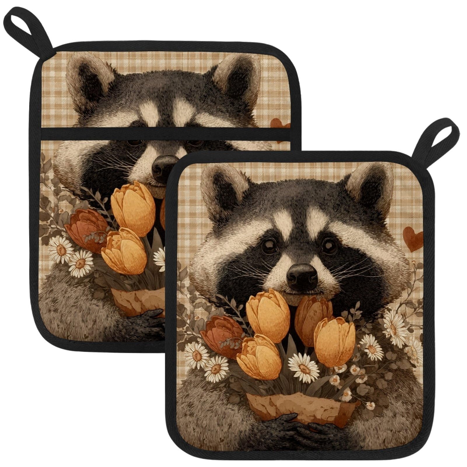 VAPOKF Cartoon Raccoon Pot Holders with Pocket for Kitchen Heat Resistant Potholders Large Polyester-Cotton Square Oven Mitts Set