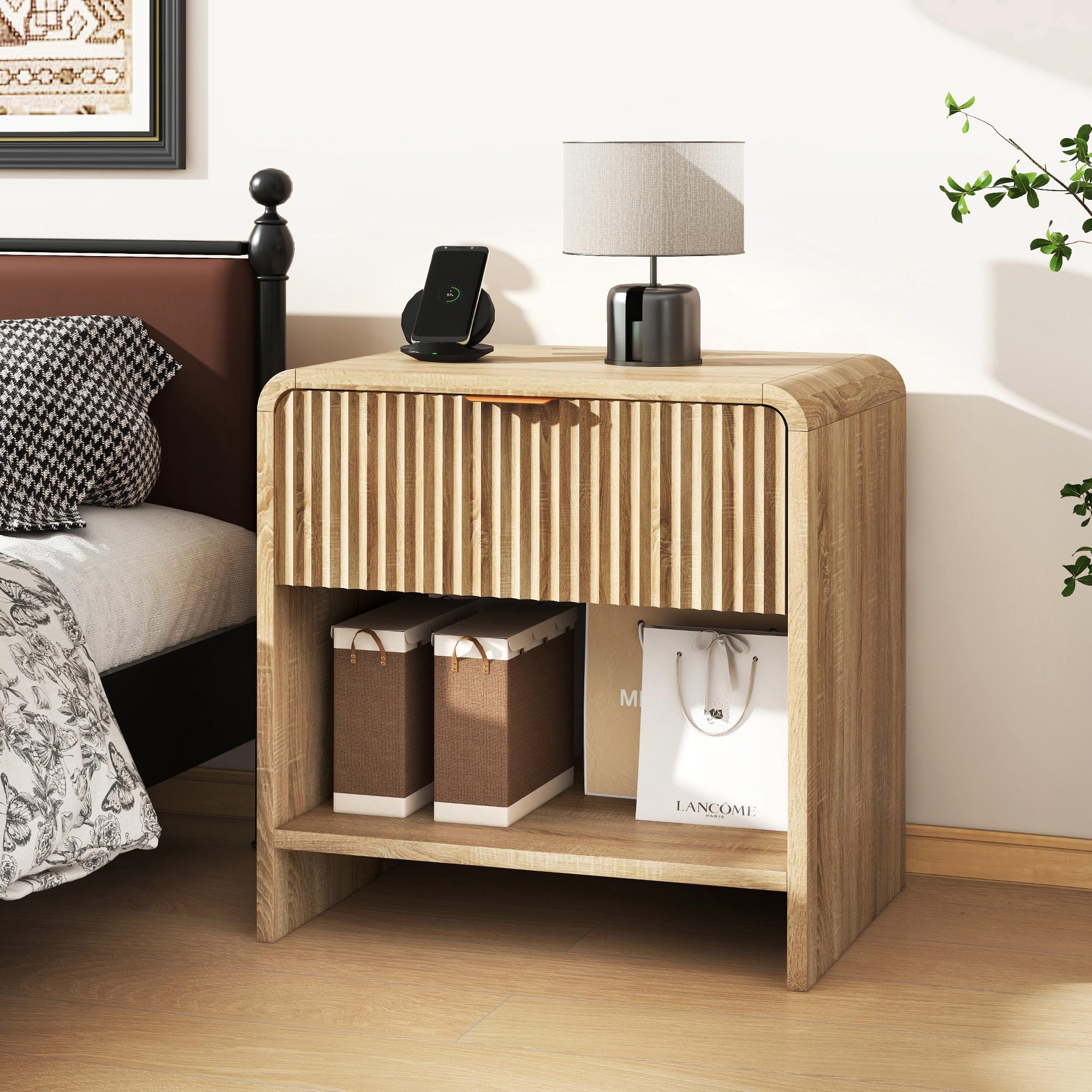 GUVIBAYB Fluted Bedside Table, Drawer & Anti-Drop Tray, Natural Wood