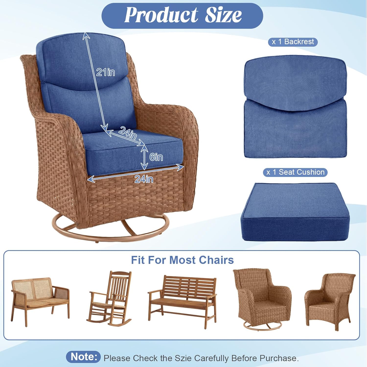 Juexica 2 Set Luxury Outdoor Chair Cushions 24"x24"x6" 30D High Density Foam Deep Seat Patio Cushions Set with Curved Back Support Waterproof UV Resistant Replacement for Wicker Rattan Furniture