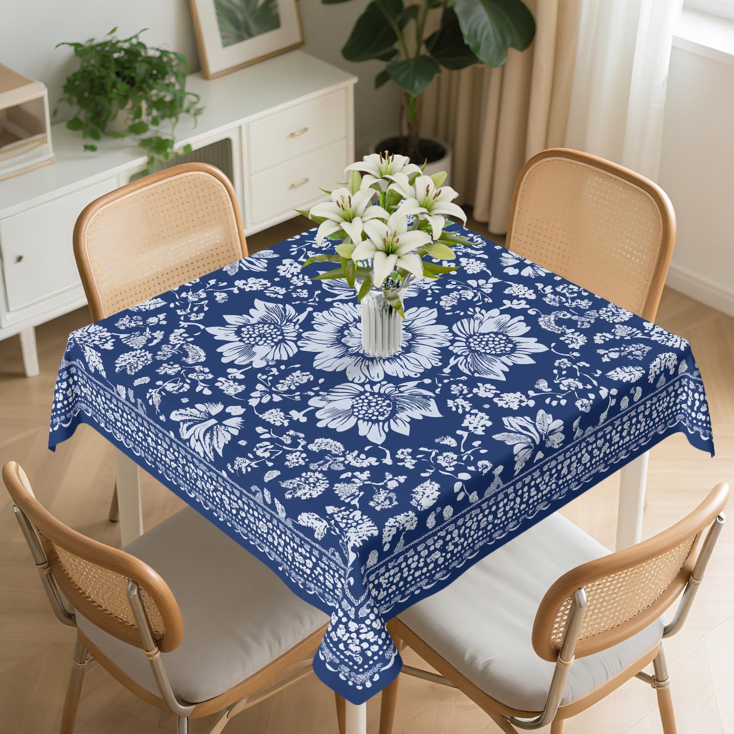 Yesad Square Tablecloth 54x54In Floral Table Cover 60x60In Washable Table Cover for Party Restaurant, Picnic, Indoor and Outdoor Dining, 60x60In, Blue