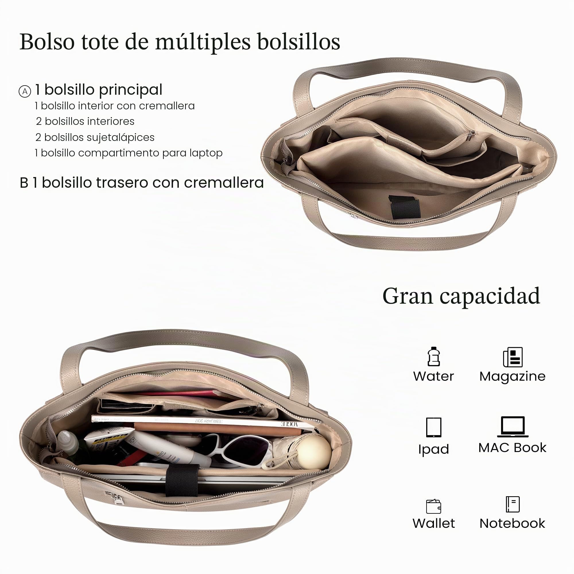 befen Bolso de Mano de Piel Auténtica para Mujer, Bolsas de Hombro Grandes para Mujer, Bolsa de Mano para 14 Pulgadas Laptop con Múltiples Bolsillos