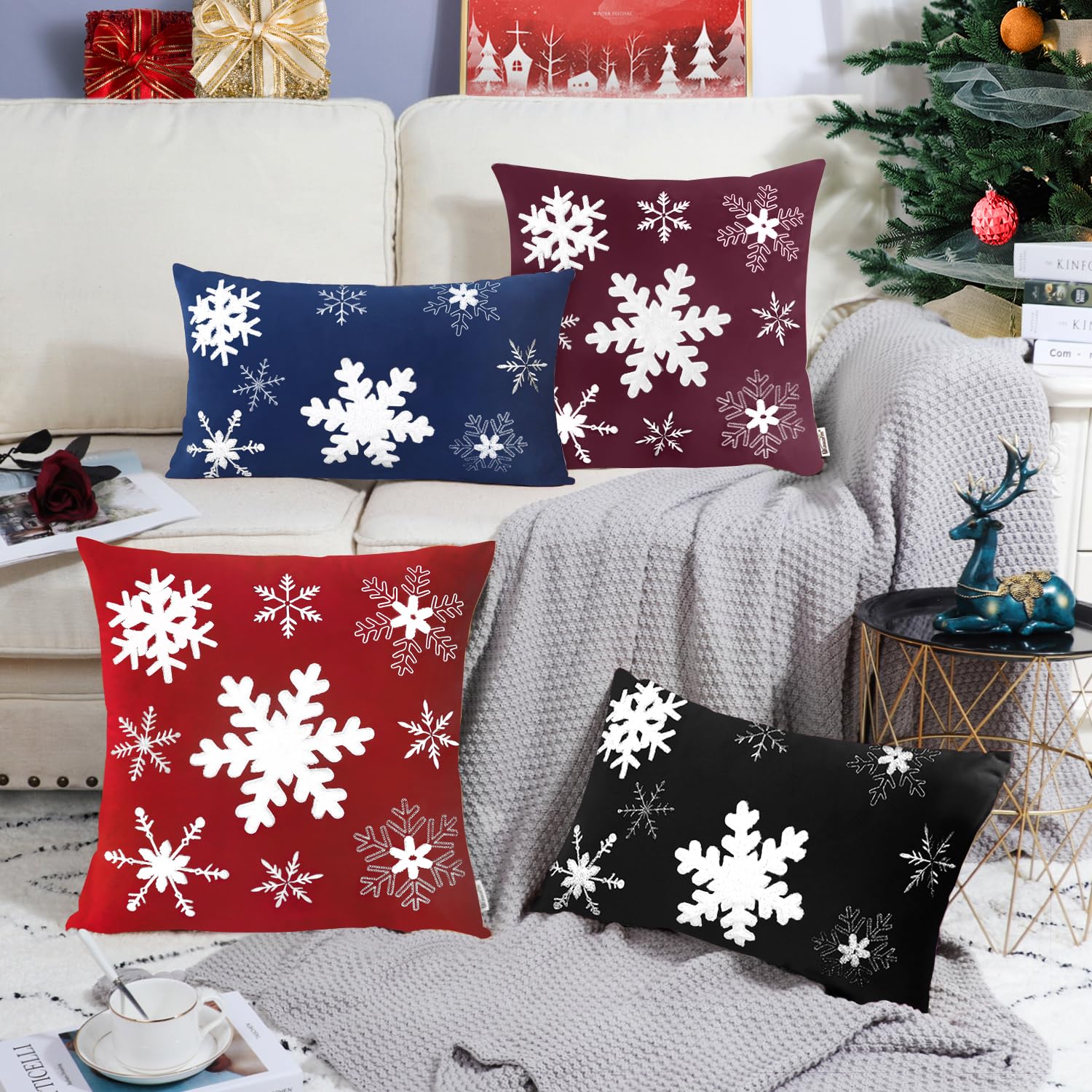 VAKADO Christmas Throw Pillow Covers - Set Of 2 Snowflake Embroidery 18x18 Inch Winter Decor - View #9