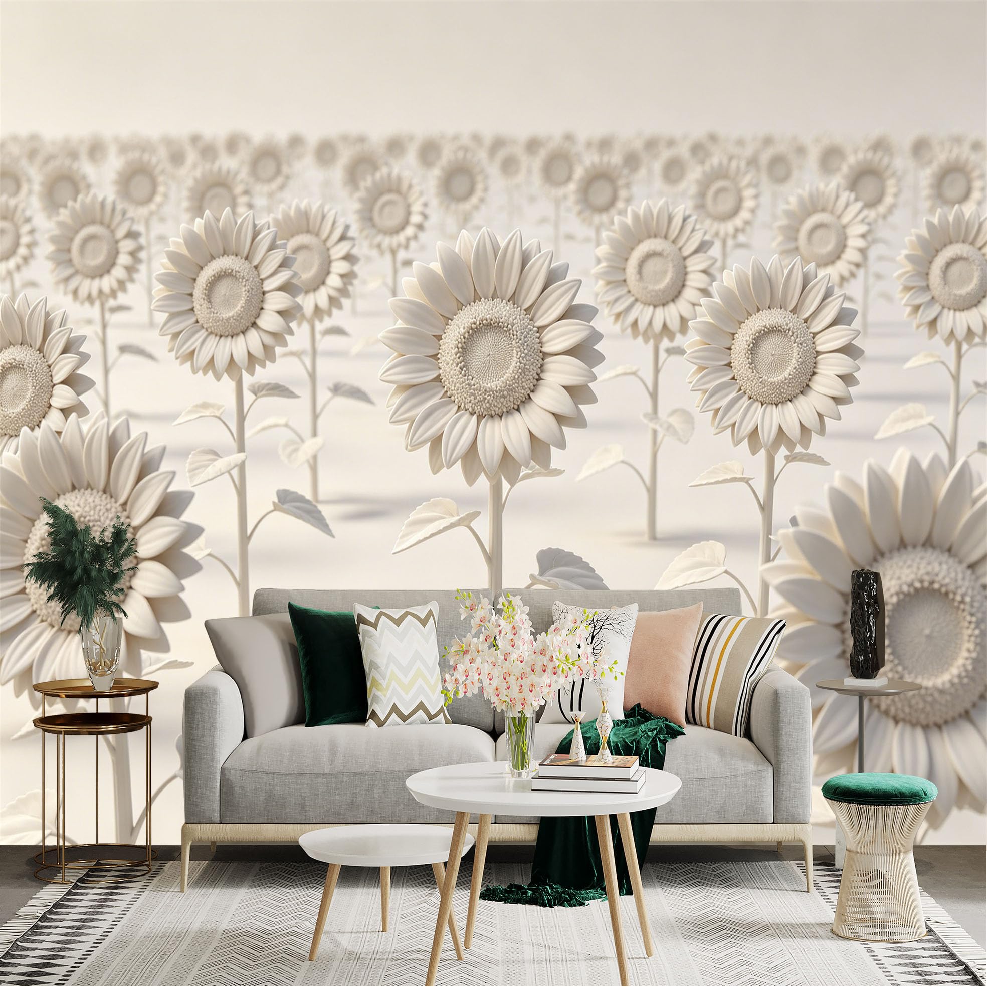 Lnzczhyre Dbh260521484 Custom Size Wall Sticker Mural， White Sunflowers Field， Minimalist Botanical Art， Elegant Floral Pattern， Soft Creamy Texture， For Wall Decoration， Peelandstick Wall Decals.