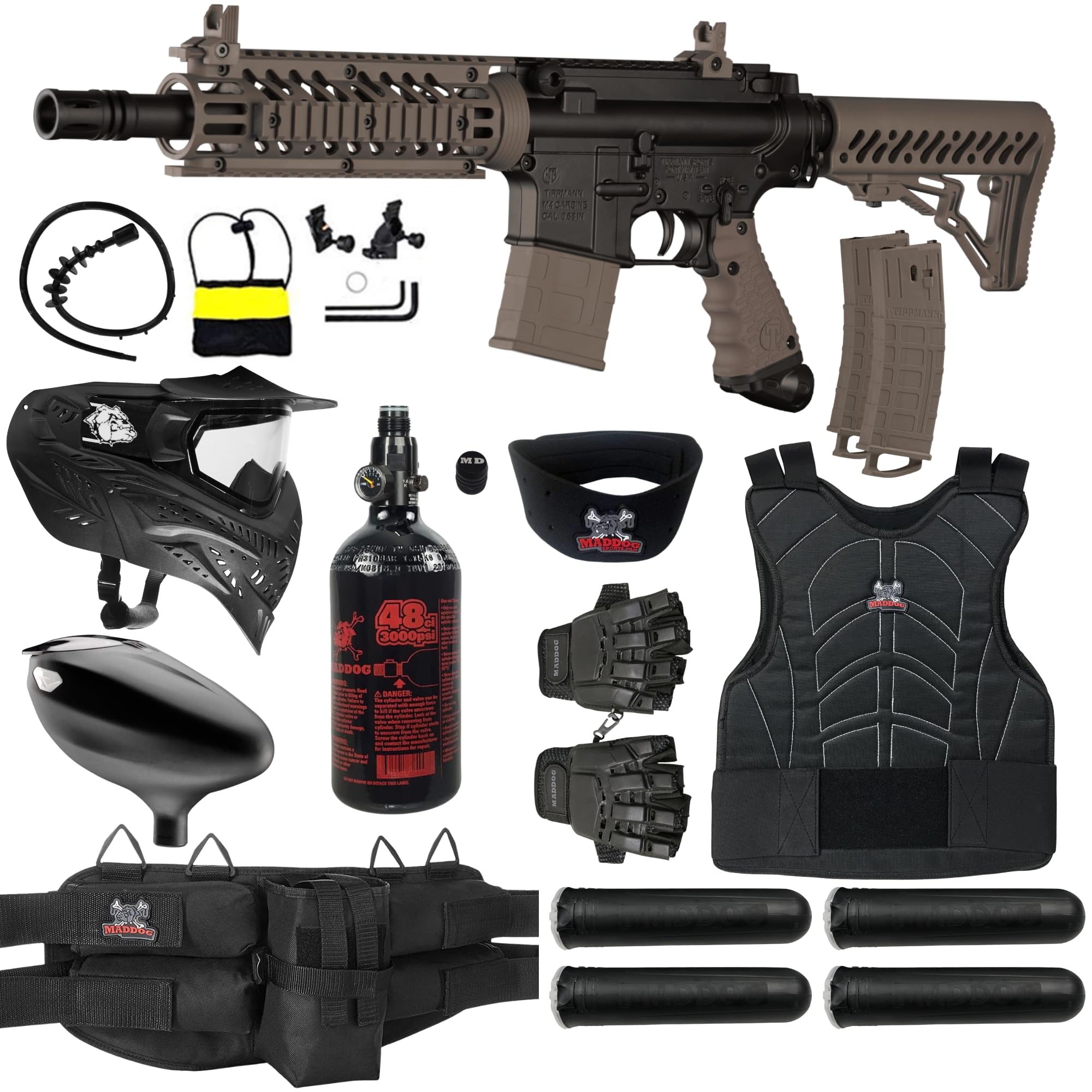 Tippmann TMC MAGFED Paintball Gun Marker & Accessory Starter Packages | Marker, 48ci/3000psi Compressed Air Tank, Mask, Hopper, Pods, Harness & Protective Gear Options