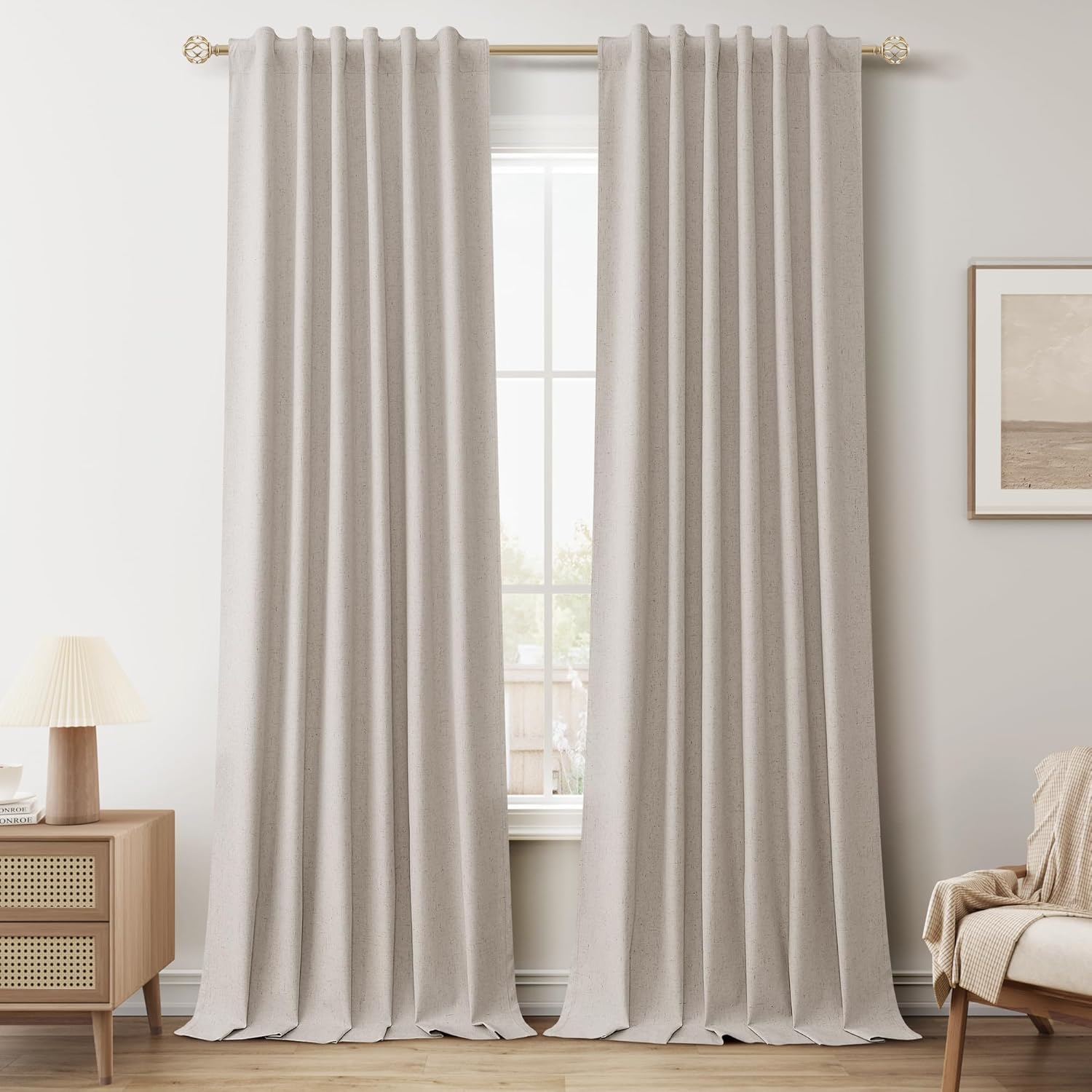 Guken Oatmeal Linen Curtains Blackout 108 Inches Long 2 Panels Nature Extra Long Light Blocking Black Out Thermal Insulated Privacy Heavy Curtain with Hooks for Living Room Sliding Door 52x108 9FT