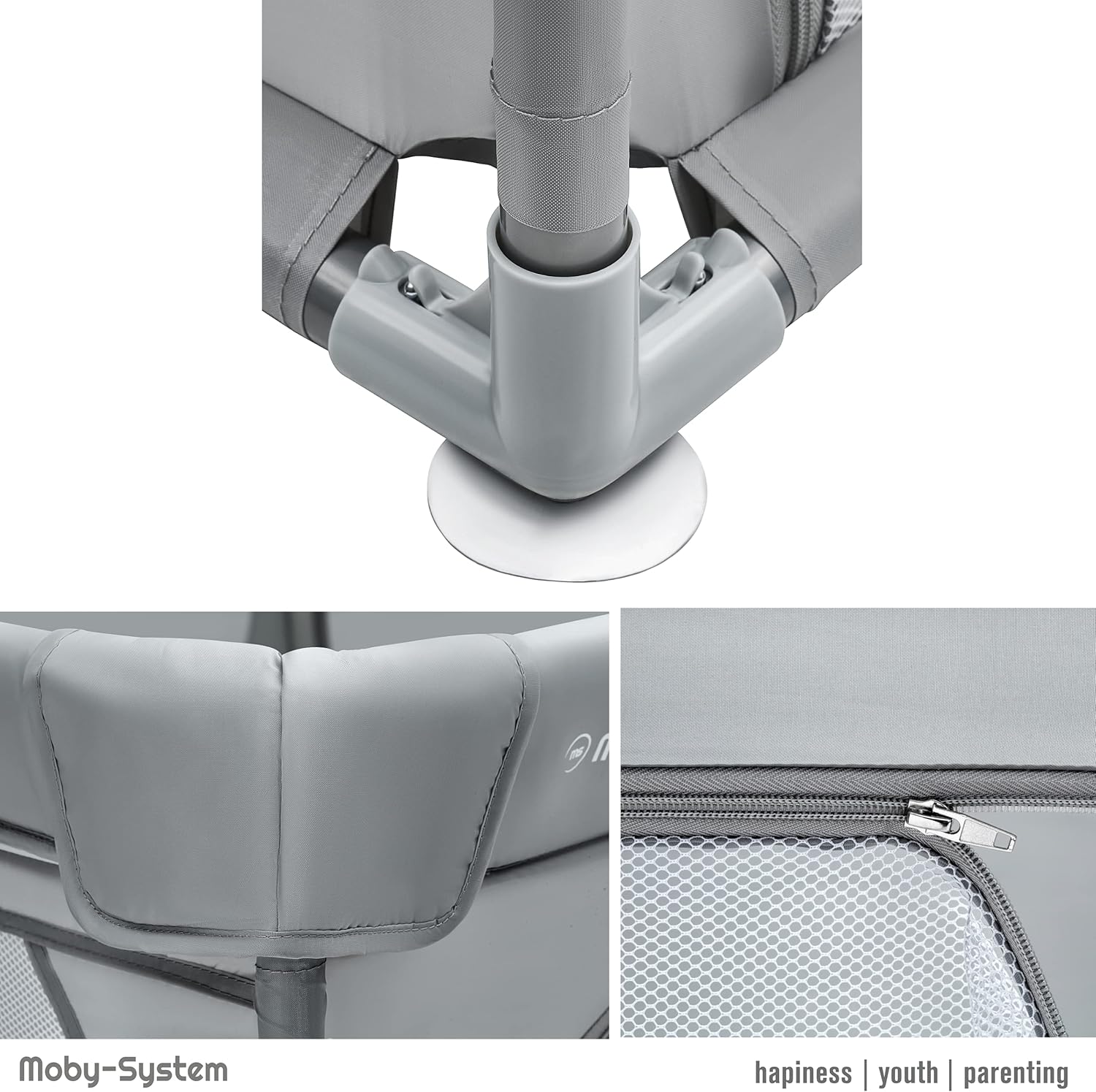Close-up of playpen frame components including tubes and connectors