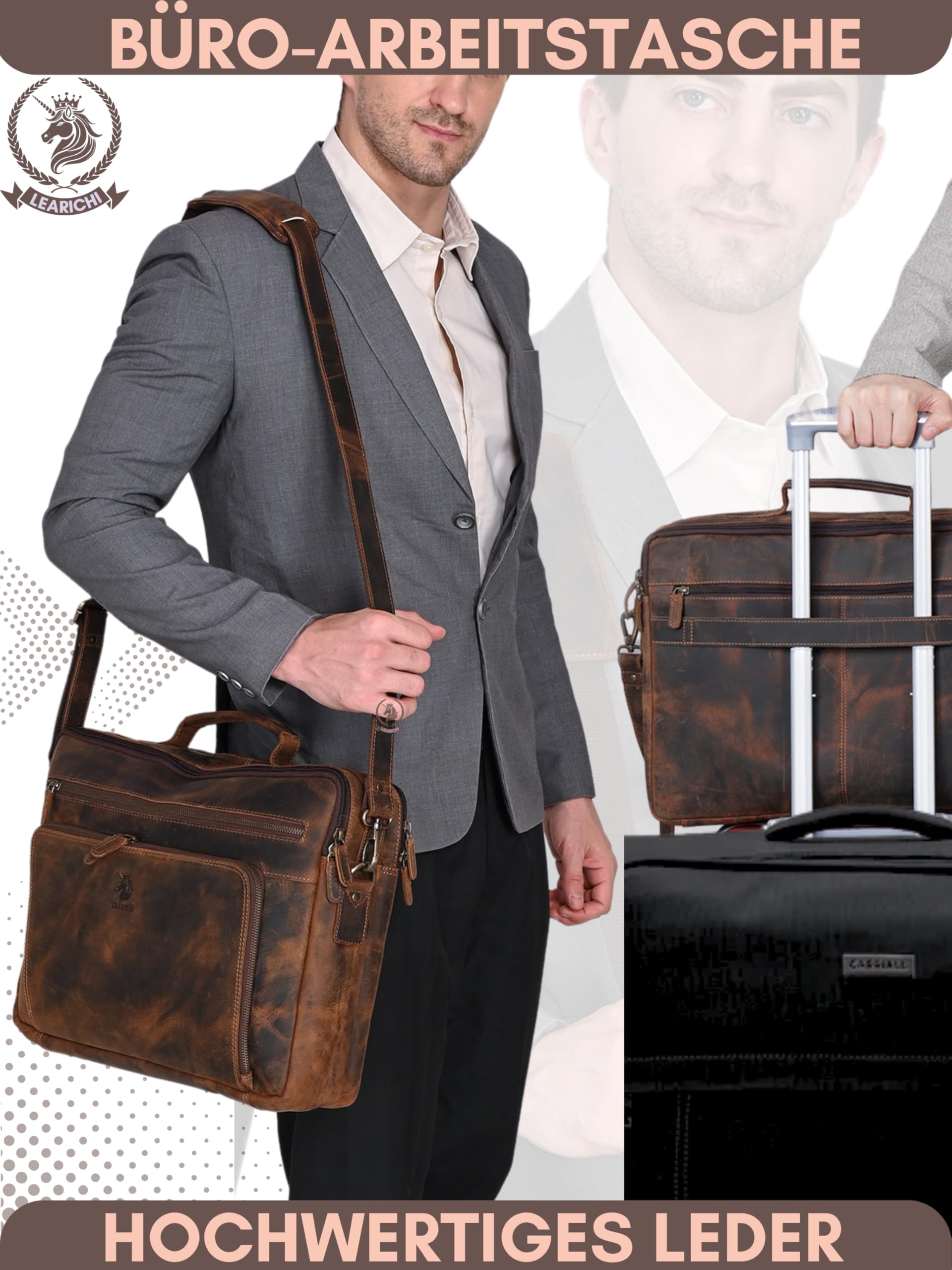 17 Zoll Echte Jäger Leder Laptop Schulter Aktentaschen für Herren Rustikale Vintage Braun Umhängetasche im Distressed Look, Messenger Arbeitstasche mit Gepolstertem Laptopfach