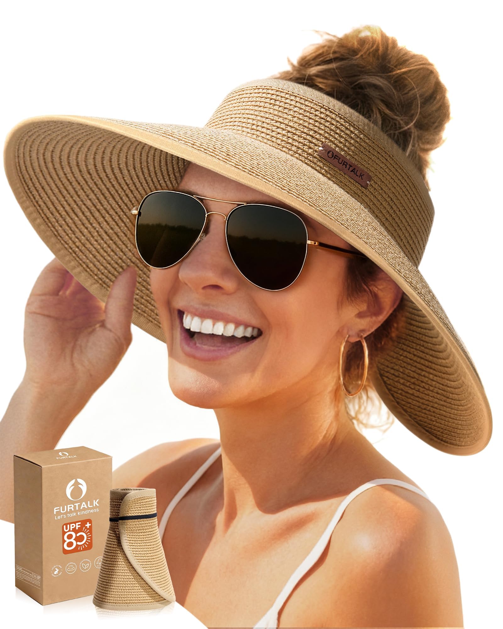 Furtalk Women's Pure Khaki Sun Visor Hat For Wide Brim Straw Roll-Up Ponytail Summer Beach Uv Upf80+ Packable Foldable Travel,