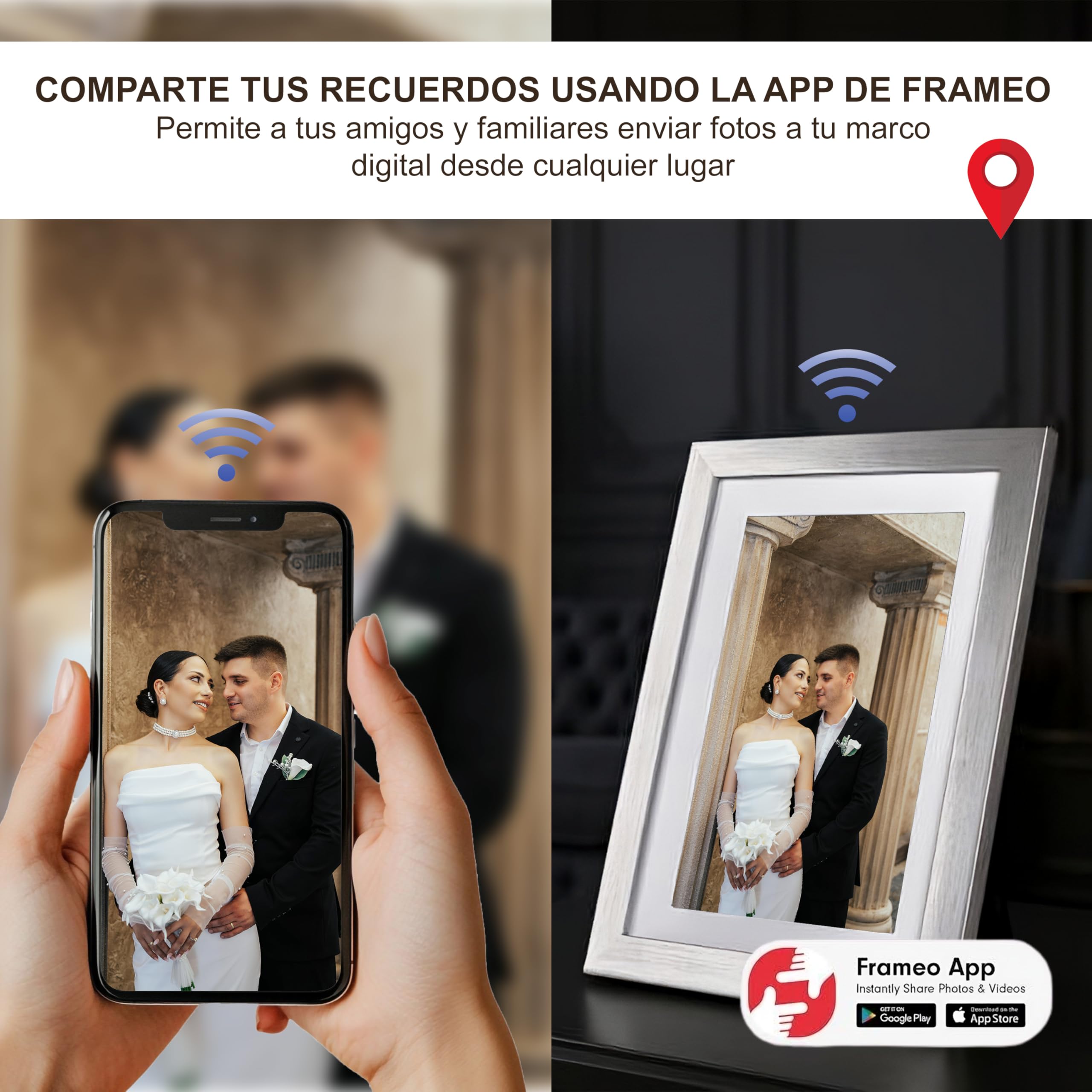 Marco de Fotos Digital WiFi Moldura Digital en Madera Natural 32GB Digital Photo Frame Pantalla Táctil IPS 10.1” Rotación Automática Soporte USB/SD Marco Digital Comparte Fotos con Frameo (Plata)