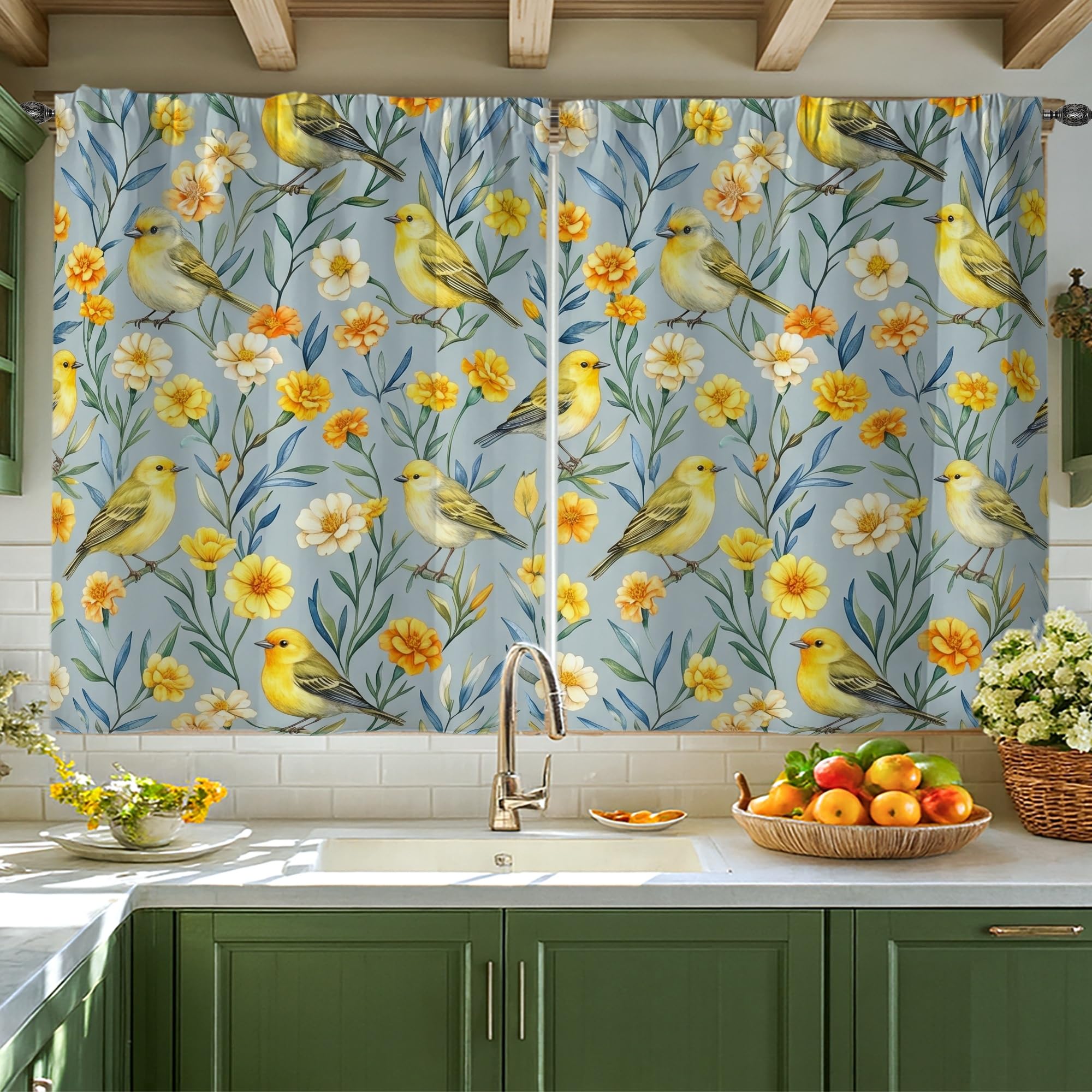 Rideau de cuisine imprimé oiseaux et fleurs jaune printanier dimensions 106x114 cm
