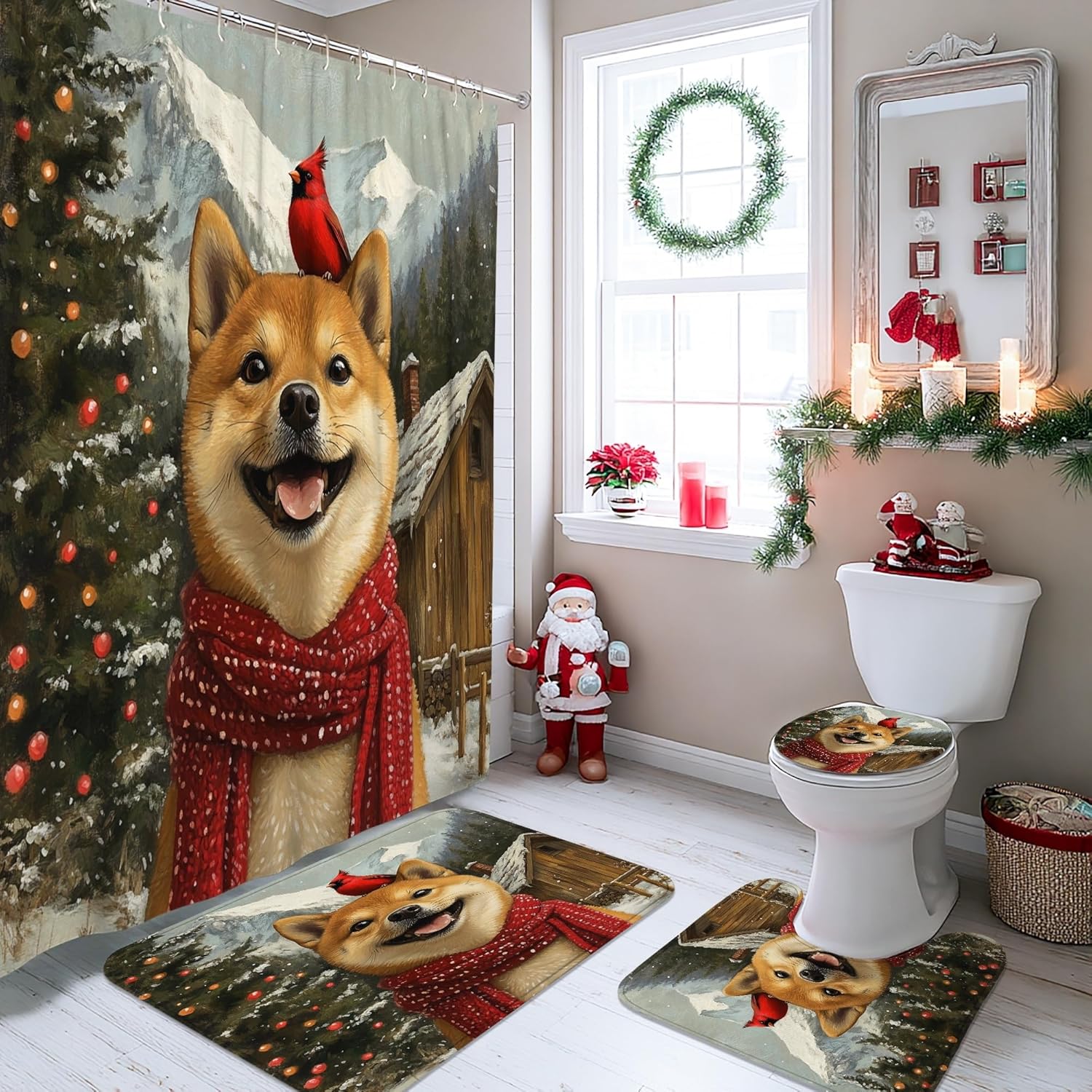 4PCS Christmas Shiba Inu Dog Bathroom Sets with Non-Slip Rug, U Shape Toilet Lid Cover Mat, Winter Farmhouse Xmas Puppy Bathroom Decoration 72''x72''