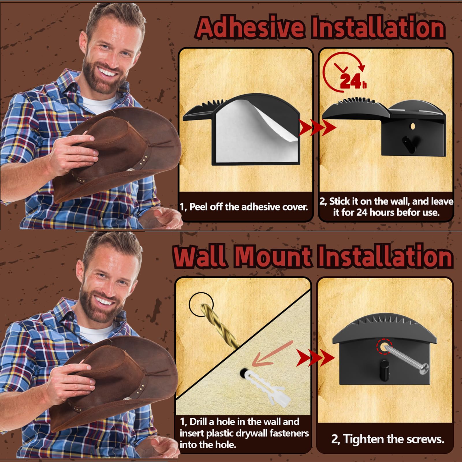 Hut Halterung Wand Cowboy, 8 Stück Hut Rack für Cowboyhüte, Makramee-Hutaufhänger, Cowboy Huthalter Cap Ständer, Selbstklebende Hut-Haken von Hüten, Handtüchern, Taschen, Schals (Schwarz)