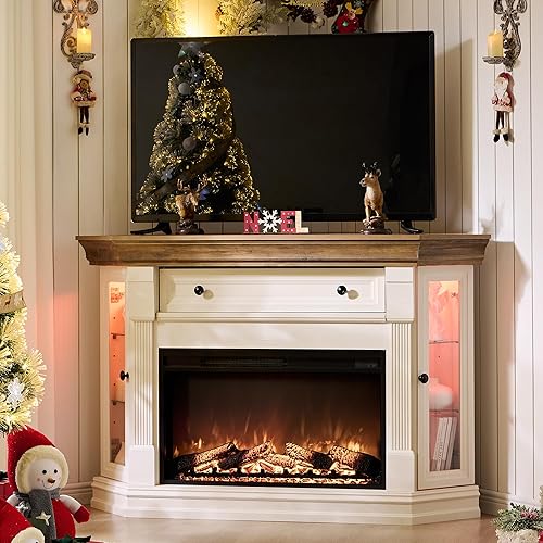 OKD 56'' Corner Fireplace TV Stand for 65 Inch TV, Farmhouse Entertainment Center w/ 30'' Electric Fireplace, Media Console for Living Room - Hidden Flip-Up Cubby, Shelves & LED Lights, Antique White